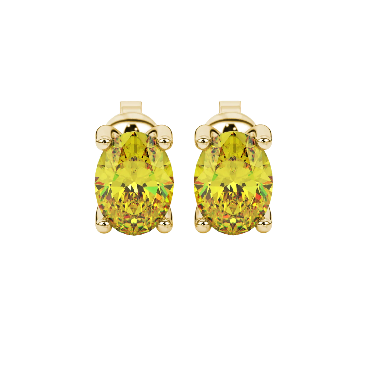 Oval cut canary yellow gemstone earrings, yellow gold four prong setting.