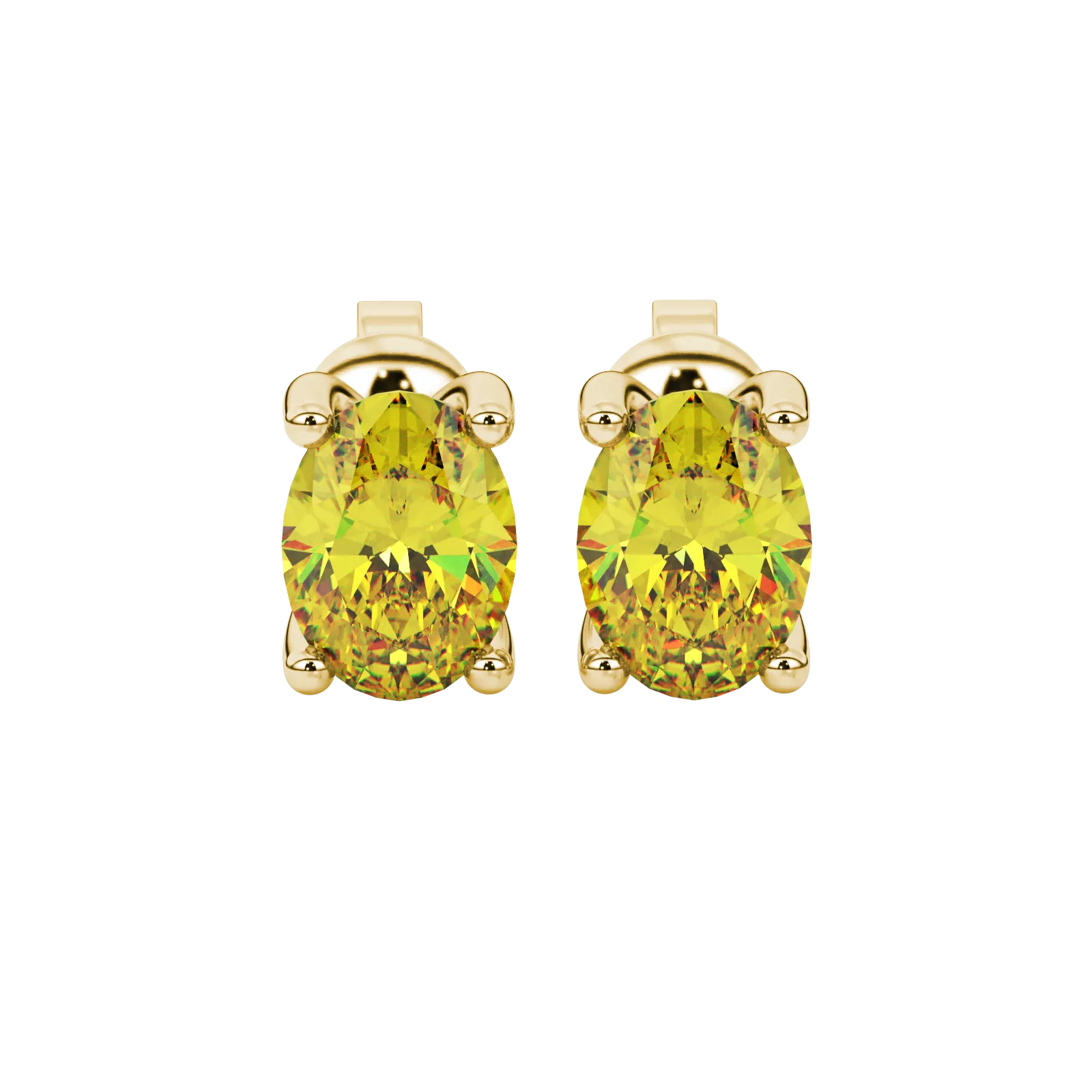 Oval cut canary yellow gemstone earrings, yellow gold four prong setting.