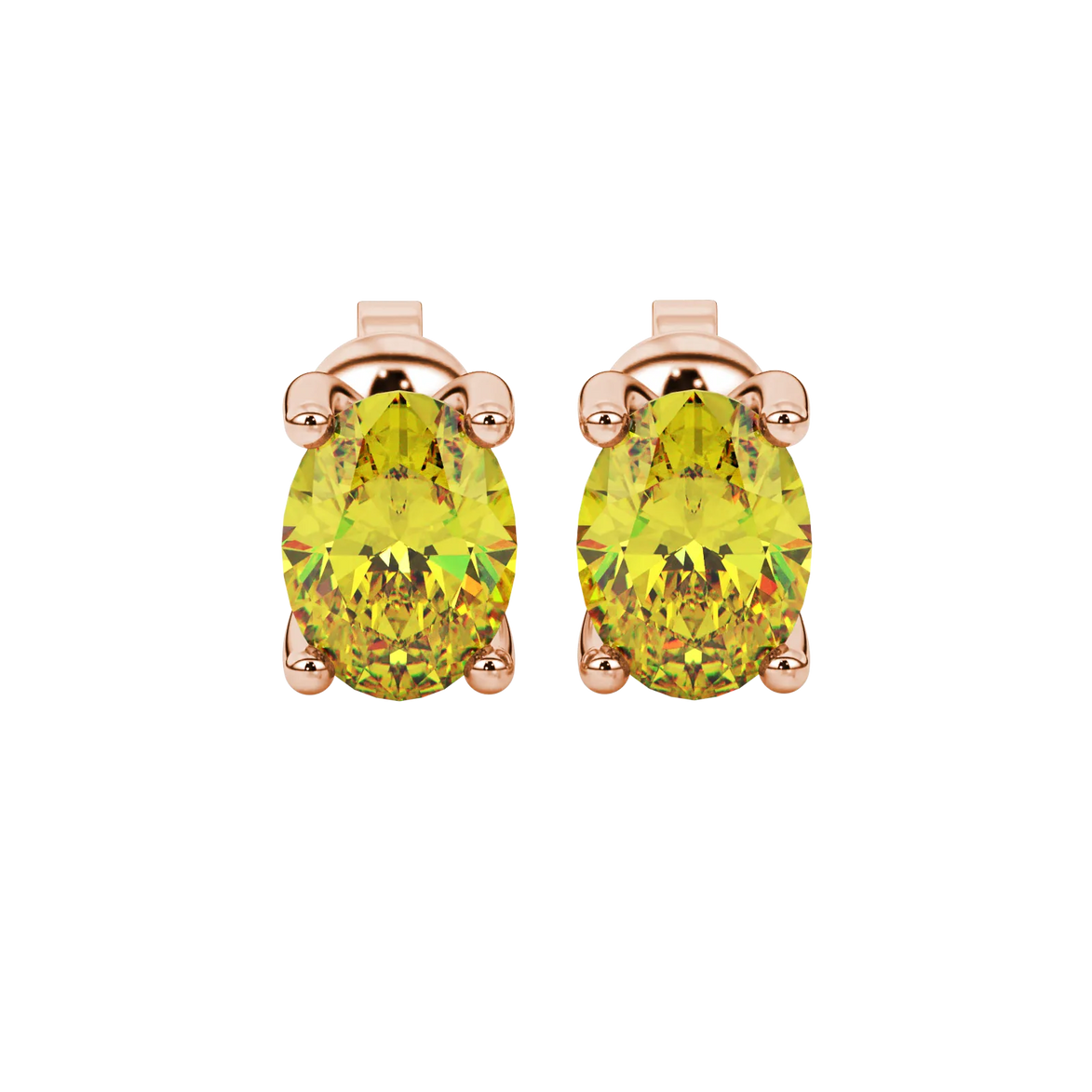 Oval cut canary yellow gemstone earrings, rose gold four prong setting.