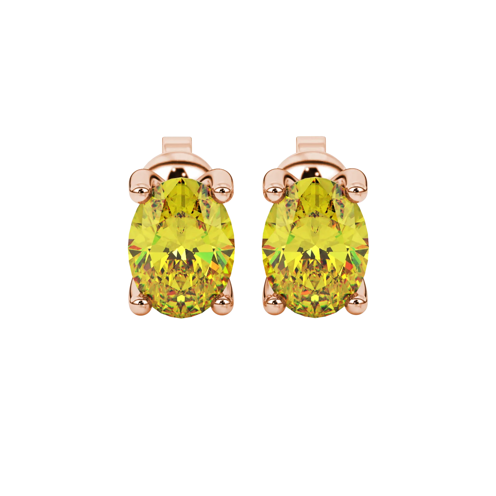 Oval cut canary yellow gemstone earrings, rose gold four prong setting.