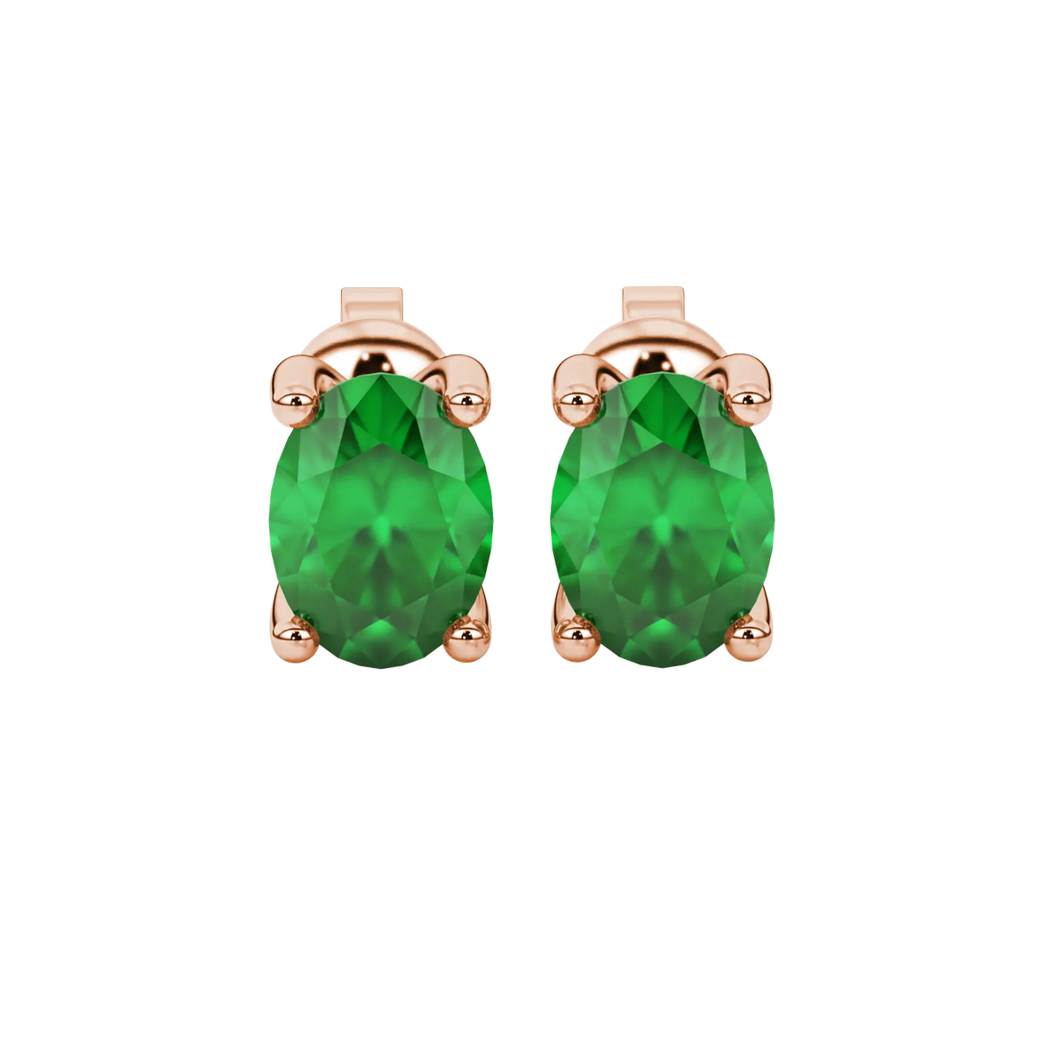 Oval cut emerald green gemstone earrings, rose gold four prong setting.