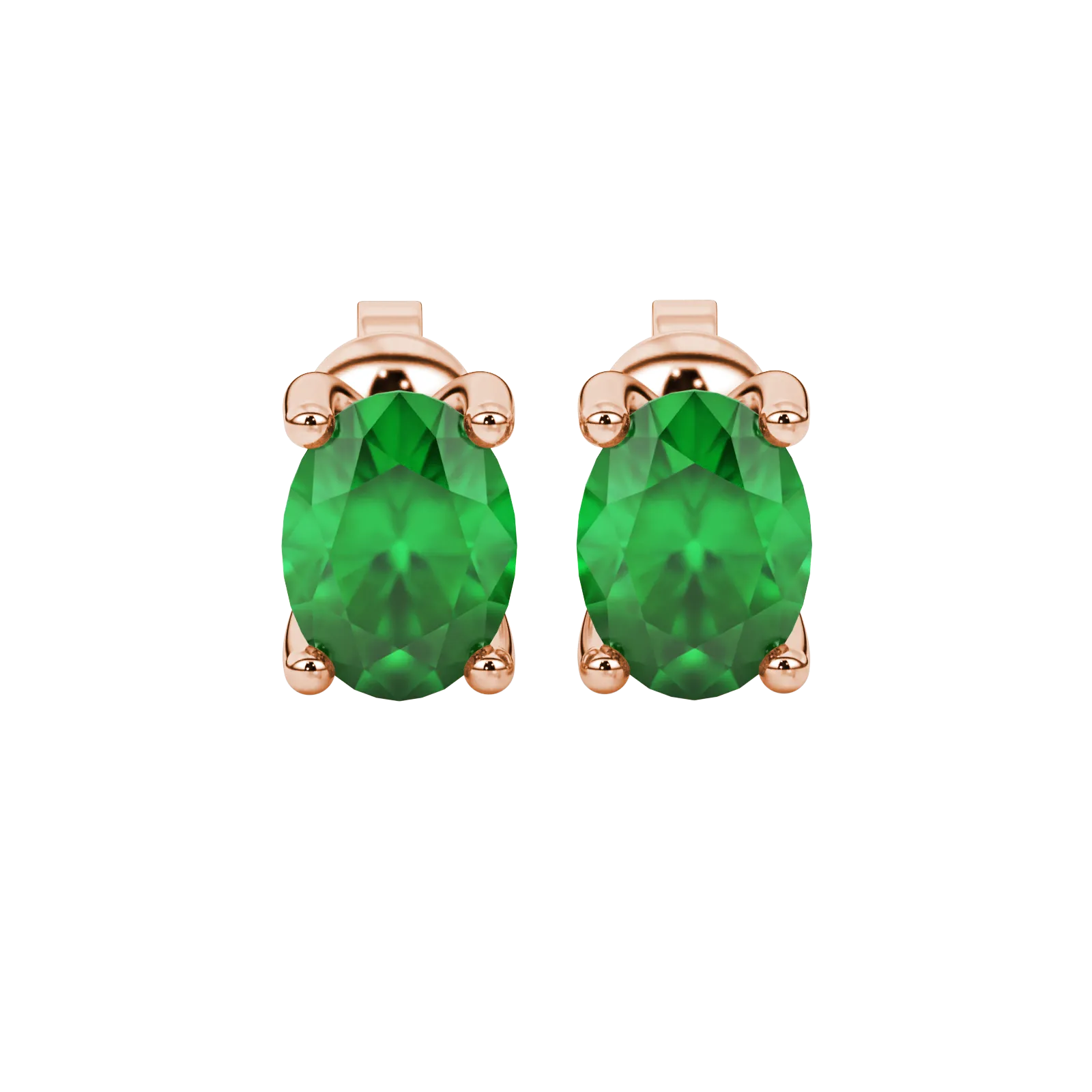 Oval cut emerald green gemstone earrings, rose gold four prong setting.