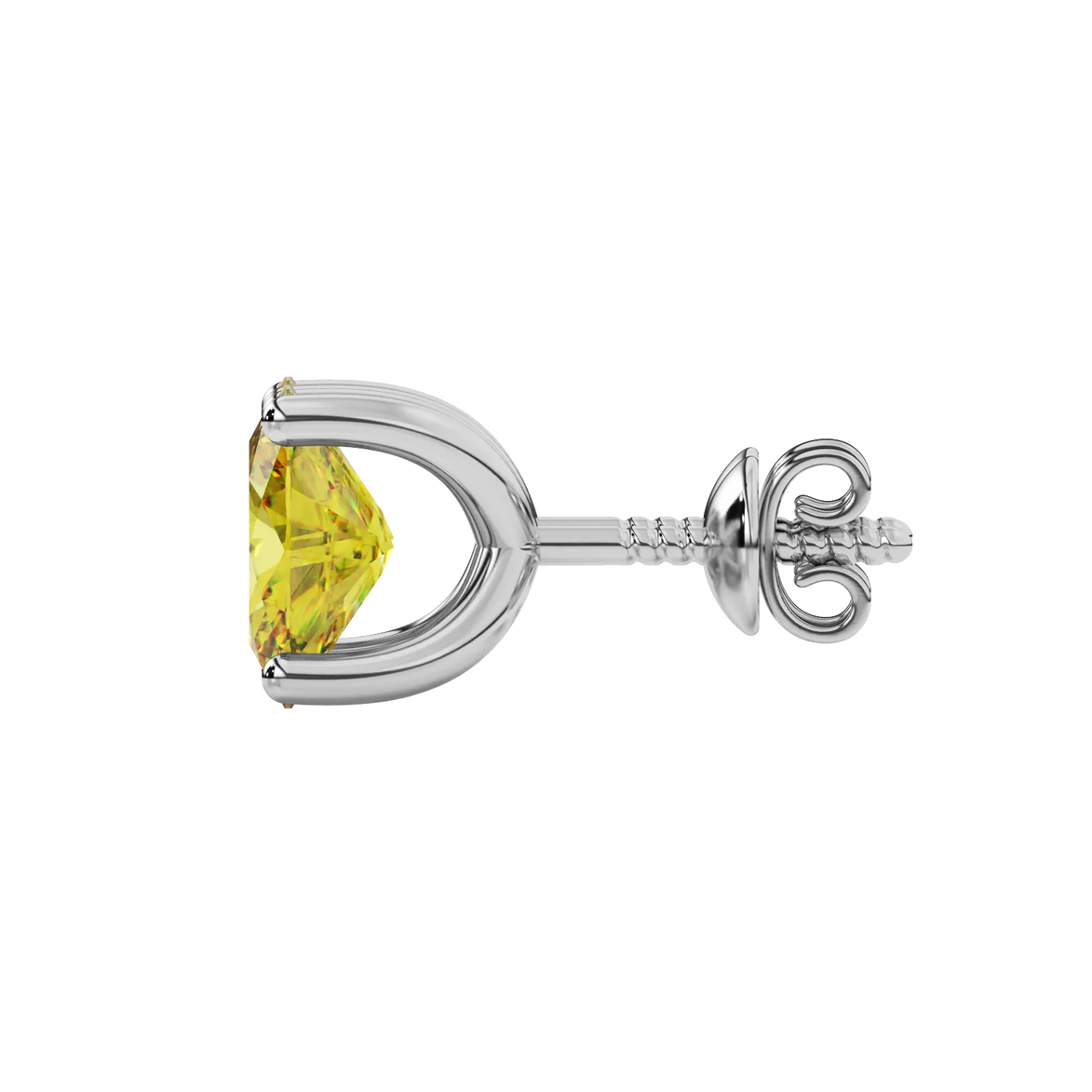 Side profile, white gold canary yellow earrings, four prong gallery.