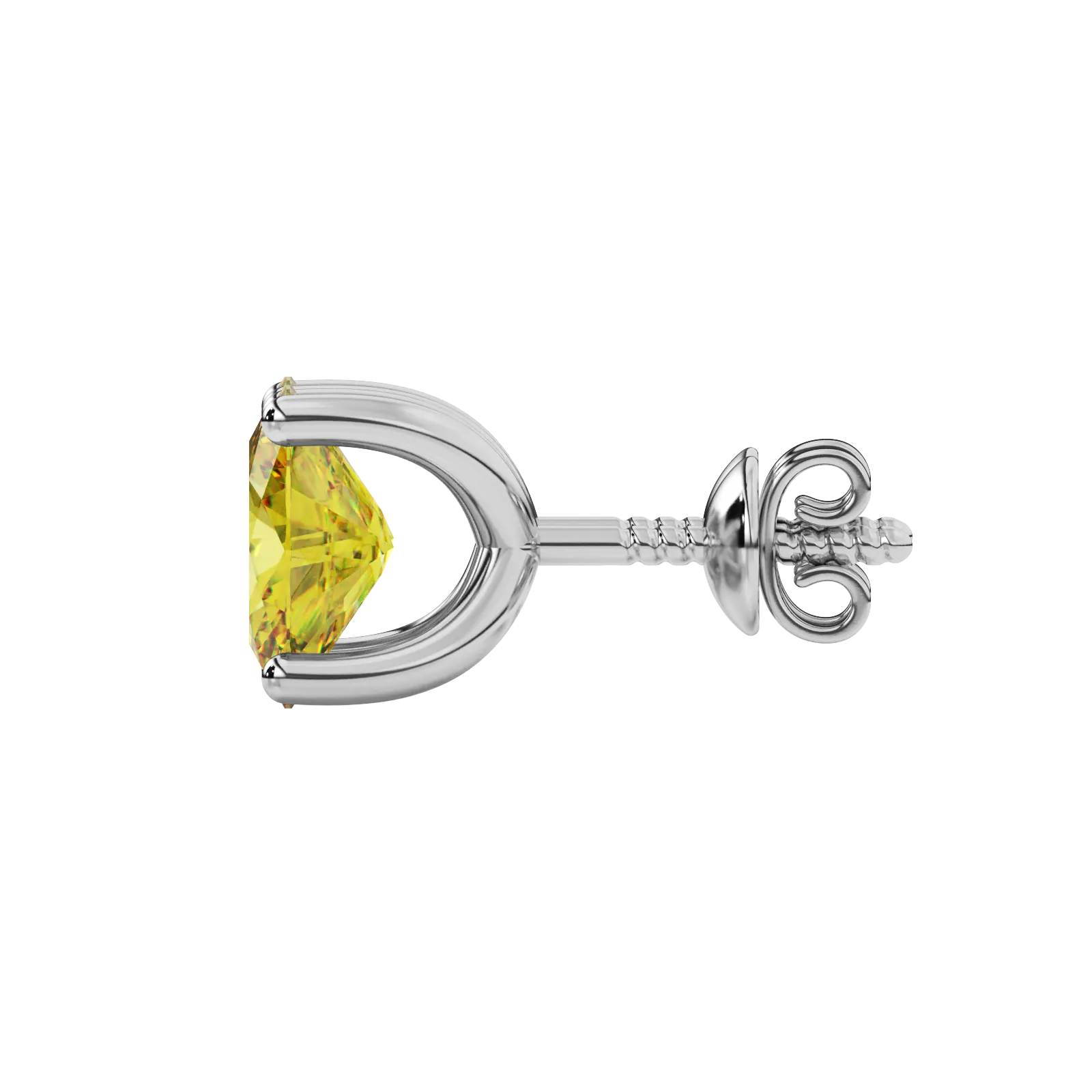 Side profile, white gold canary yellow earrings, four prong gallery.