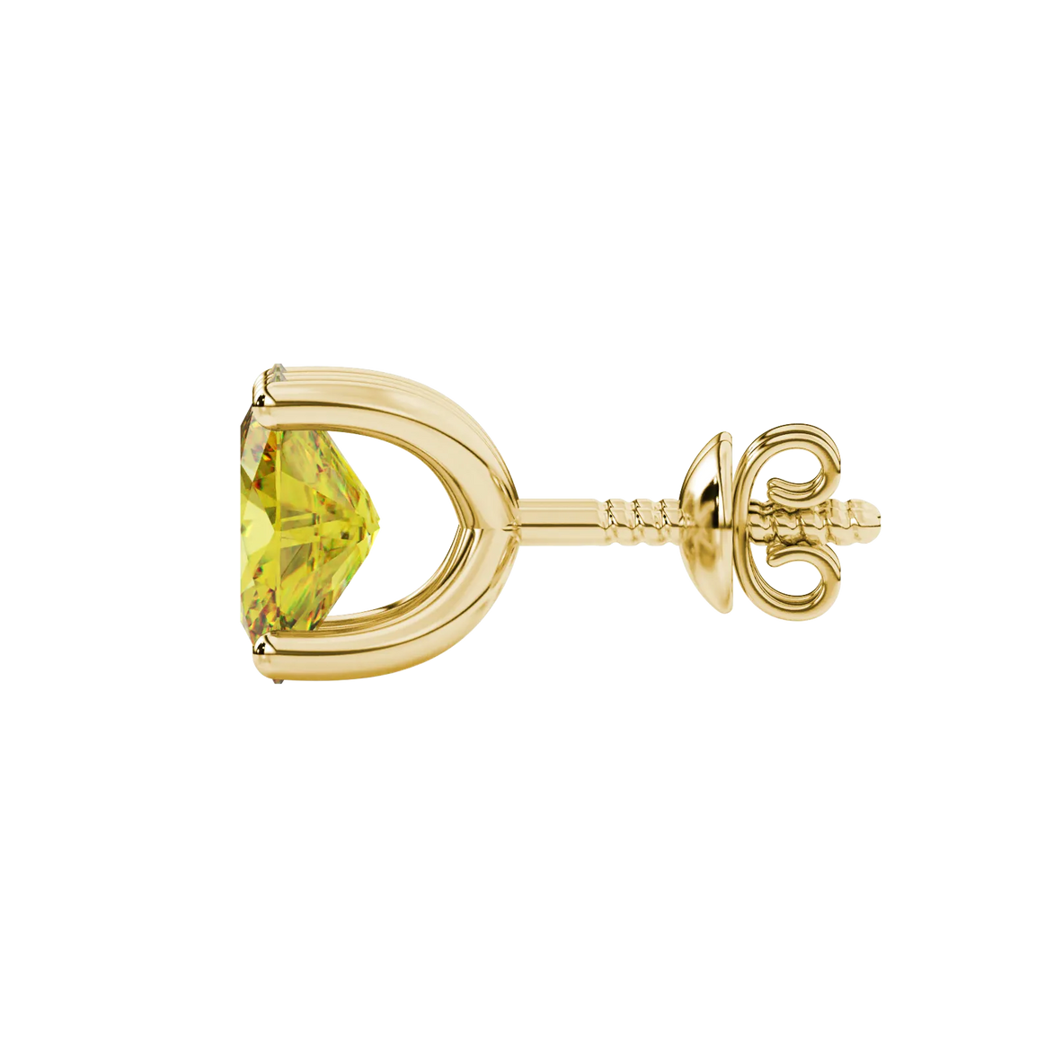 Side profile, yellow gold canary yellow earrings, four prong gallery.