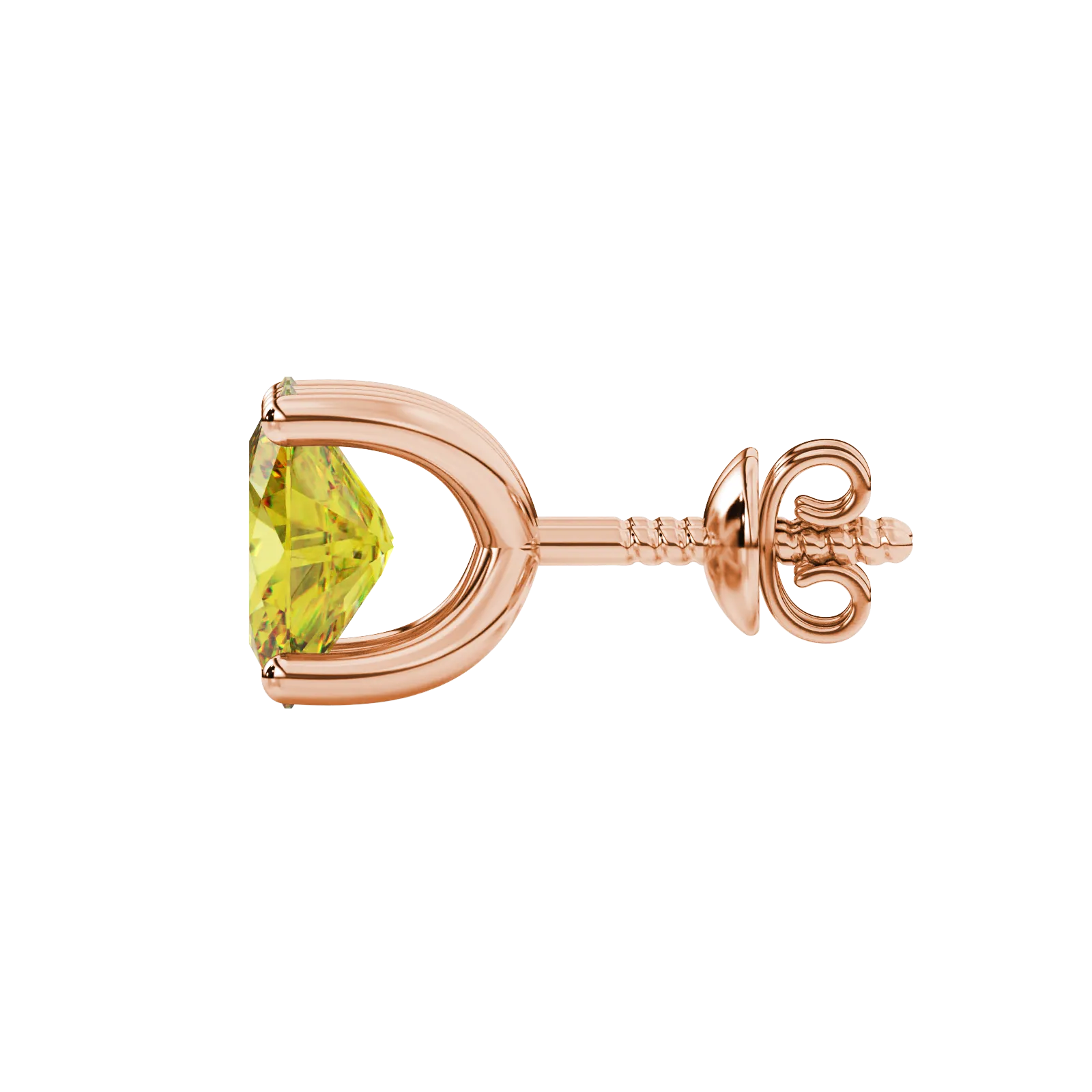 Side profile, rose gold canary yellow earrings, four prong gallery.