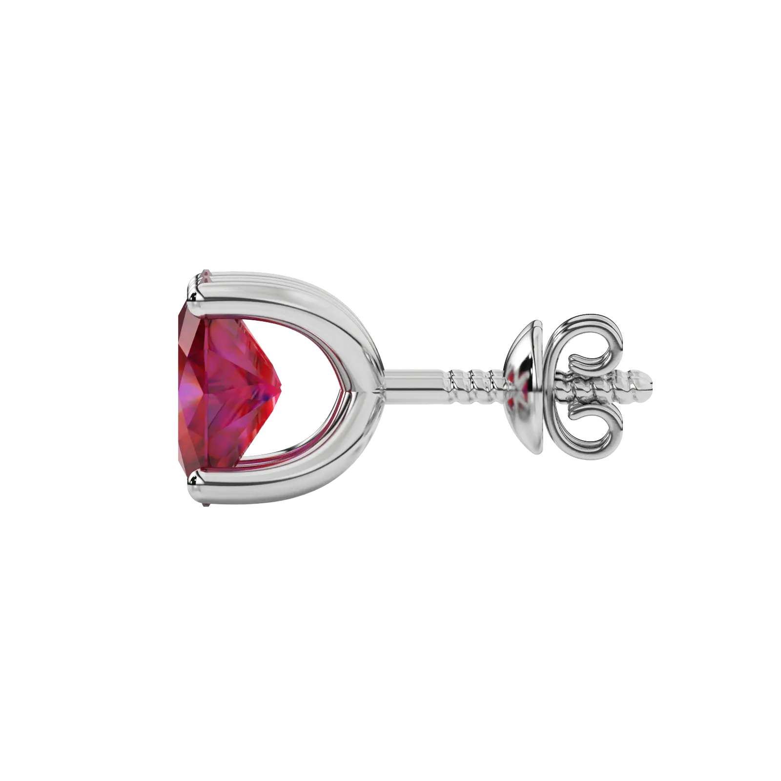 Side profile, white gold raspberry red earrings, four prong gallery.