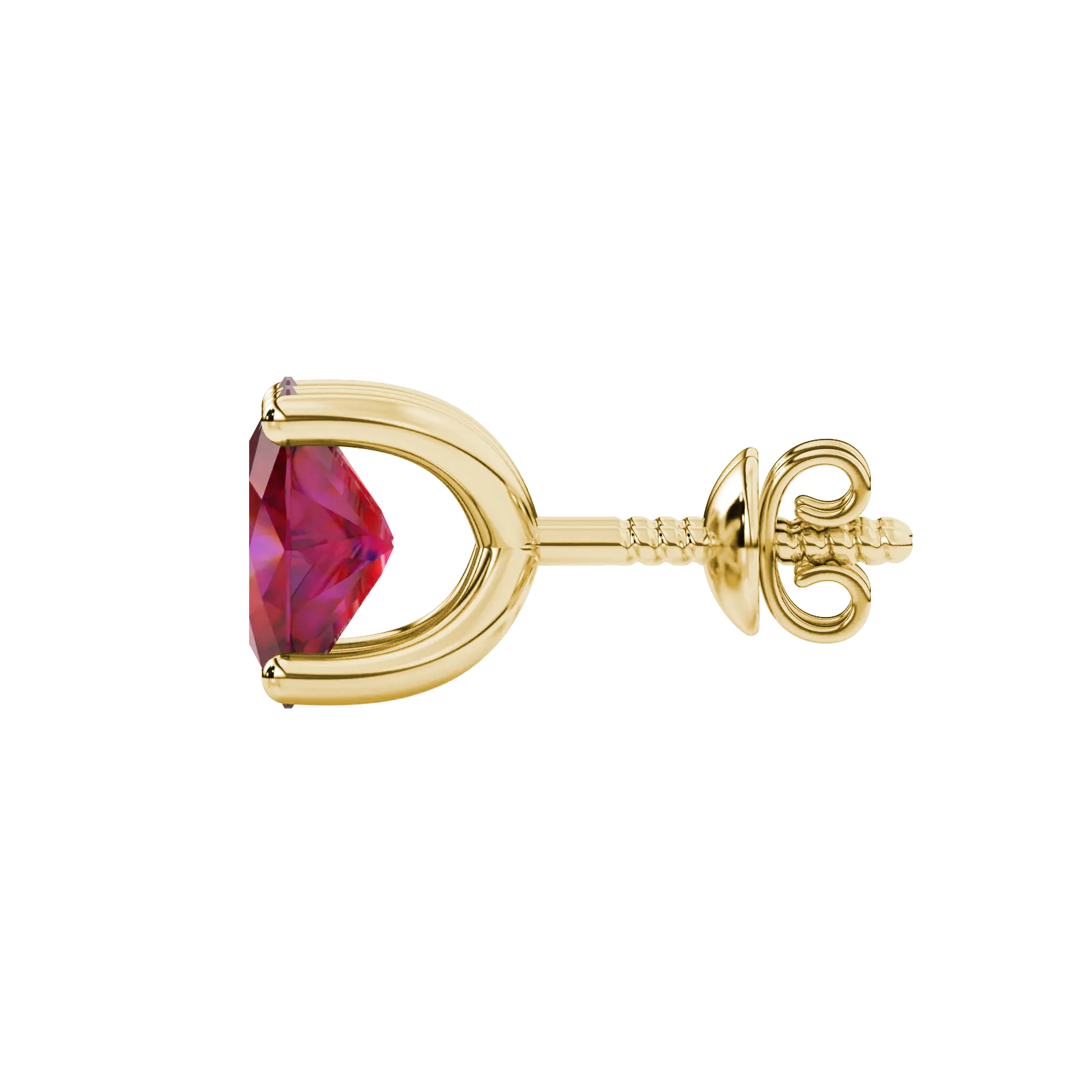 Side profile, yellow gold raspberry red earrings, four prong gallery.