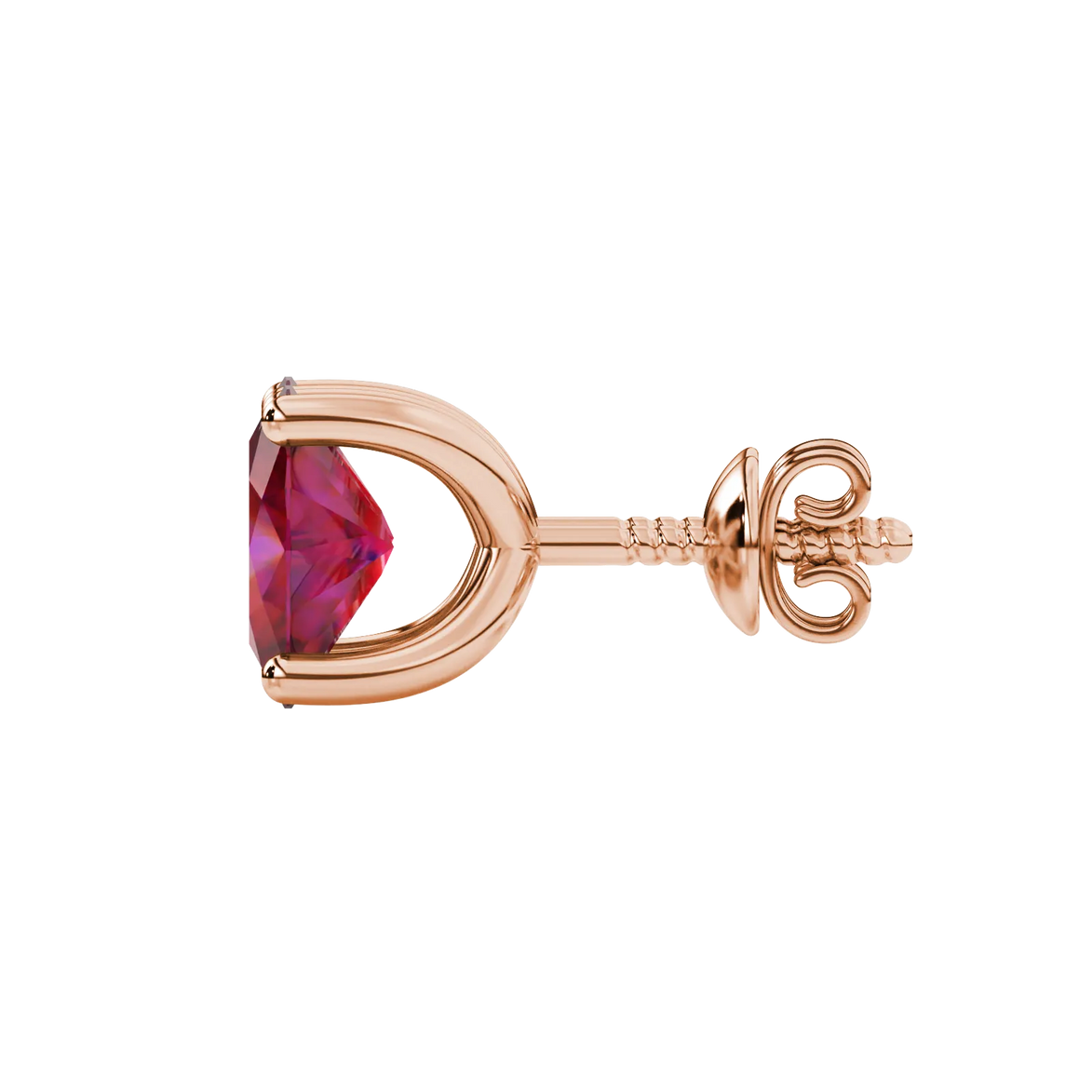 Side profile, rose gold raspberry red earrings, four prong gallery.