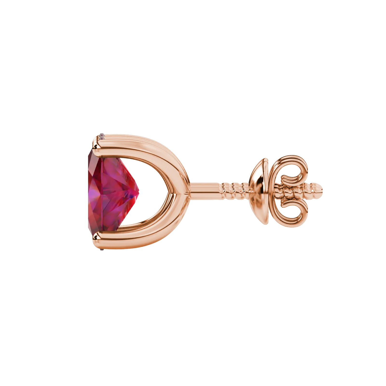 Side profile, rose gold raspberry red earrings, four prong gallery.