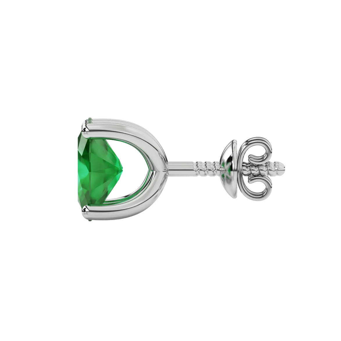 Side profile, white gold emerald green earrings, four prong gallery.