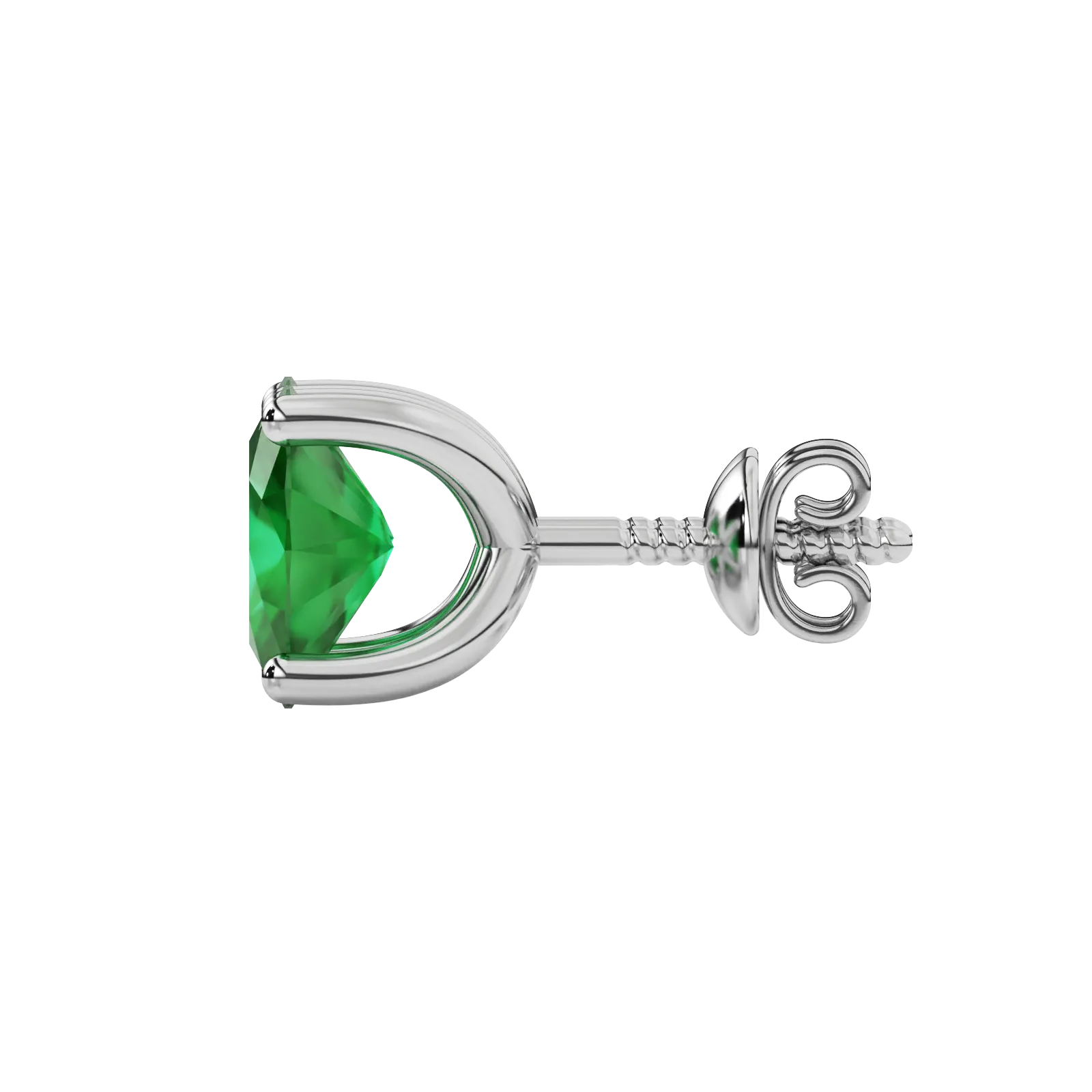 Side profile, white gold emerald green earrings, four prong gallery.