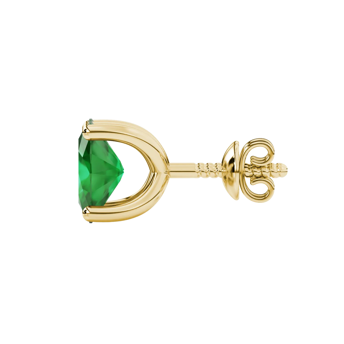 Side profile, yellow gold emerald green earrings, four prong gallery.