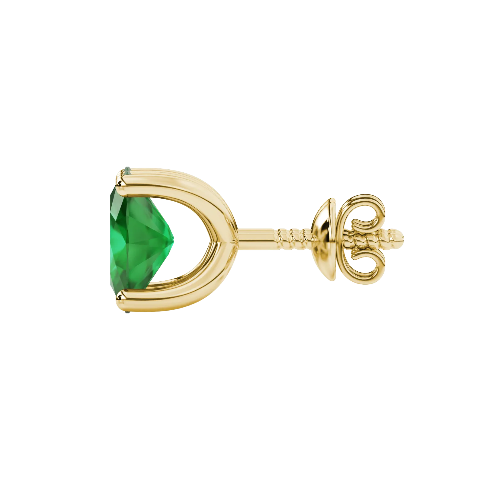 Side profile, yellow gold emerald green earrings, four prong gallery.