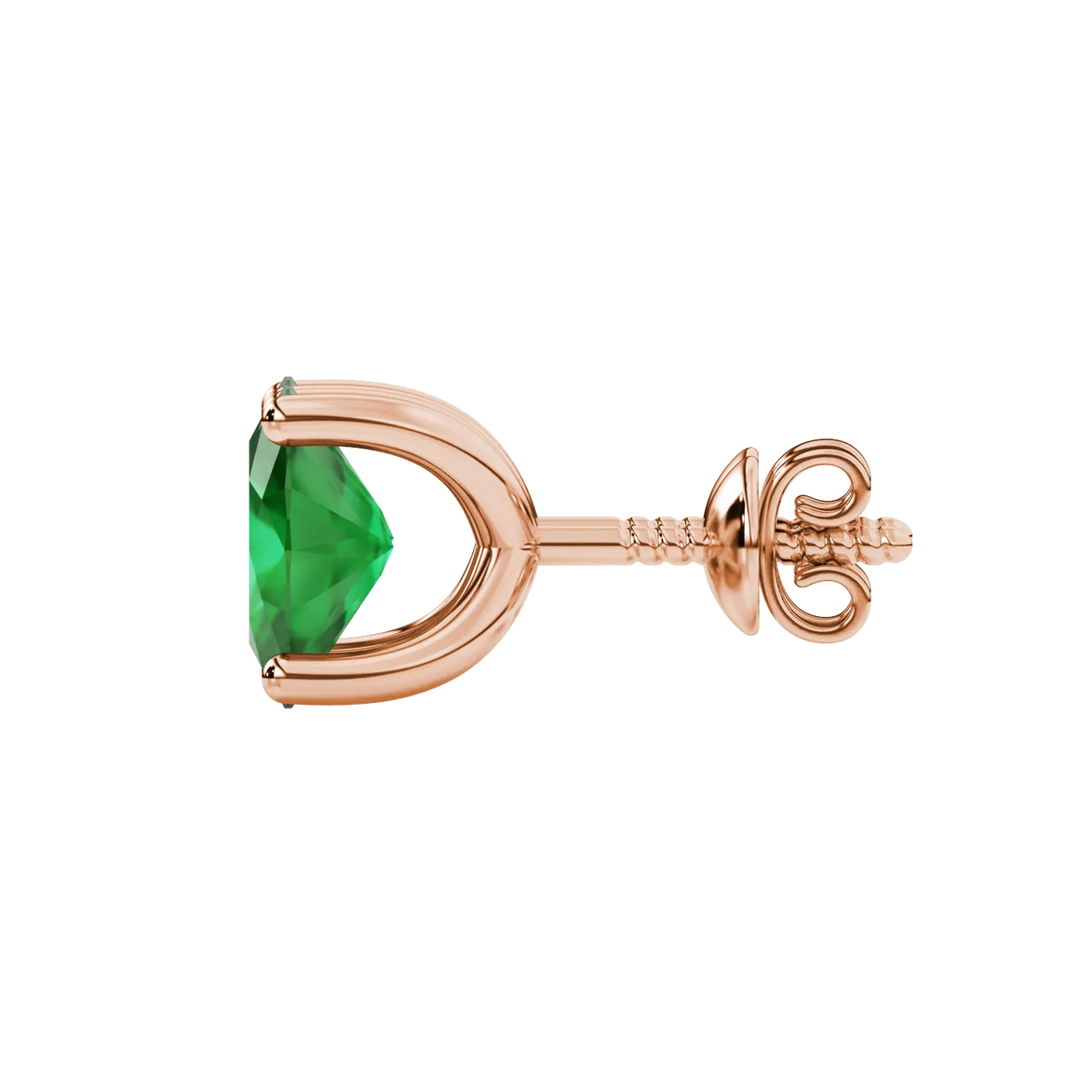 Side profile, rose gold emerald green earrings, four prong gallery.