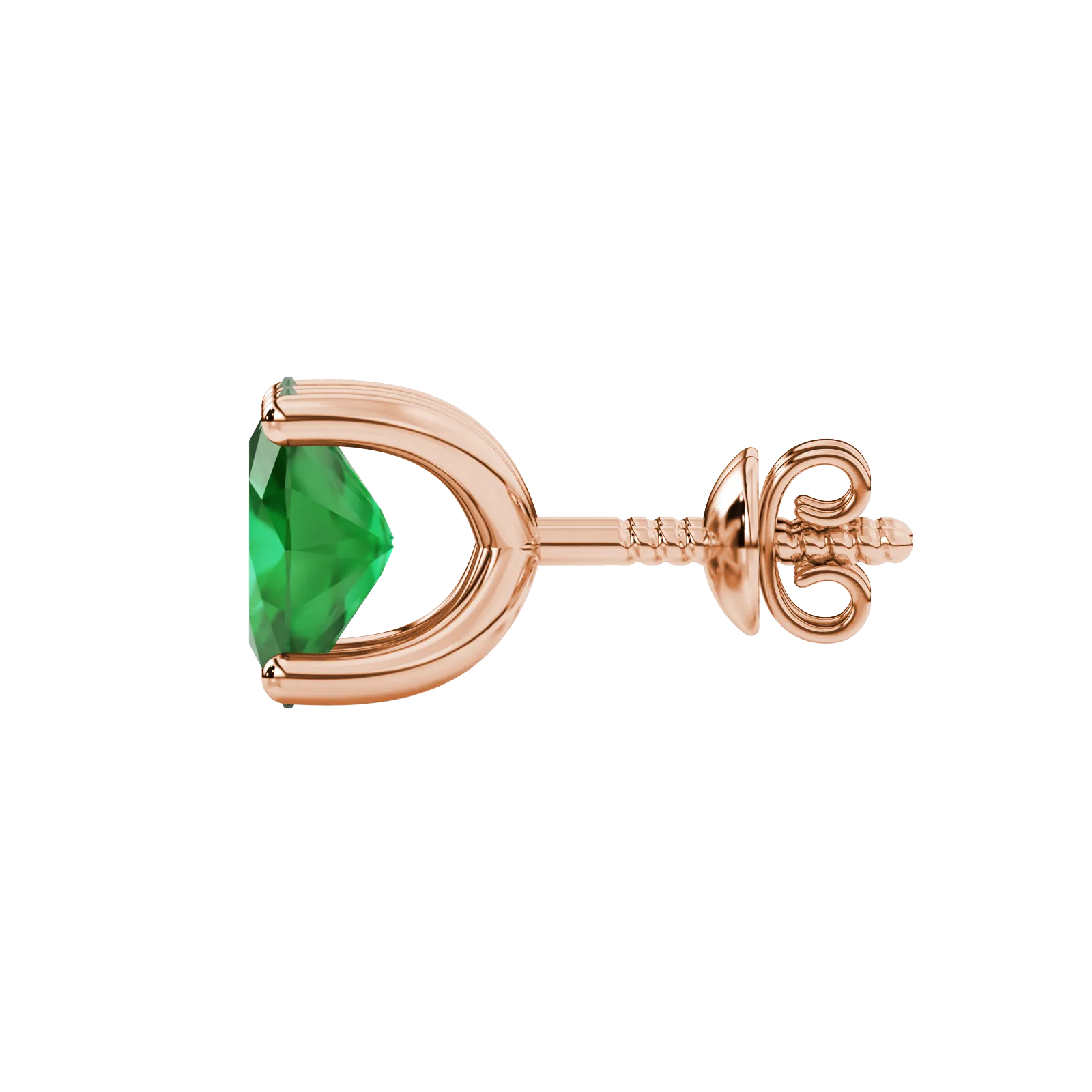 Side profile, rose gold emerald green earrings, four prong gallery.