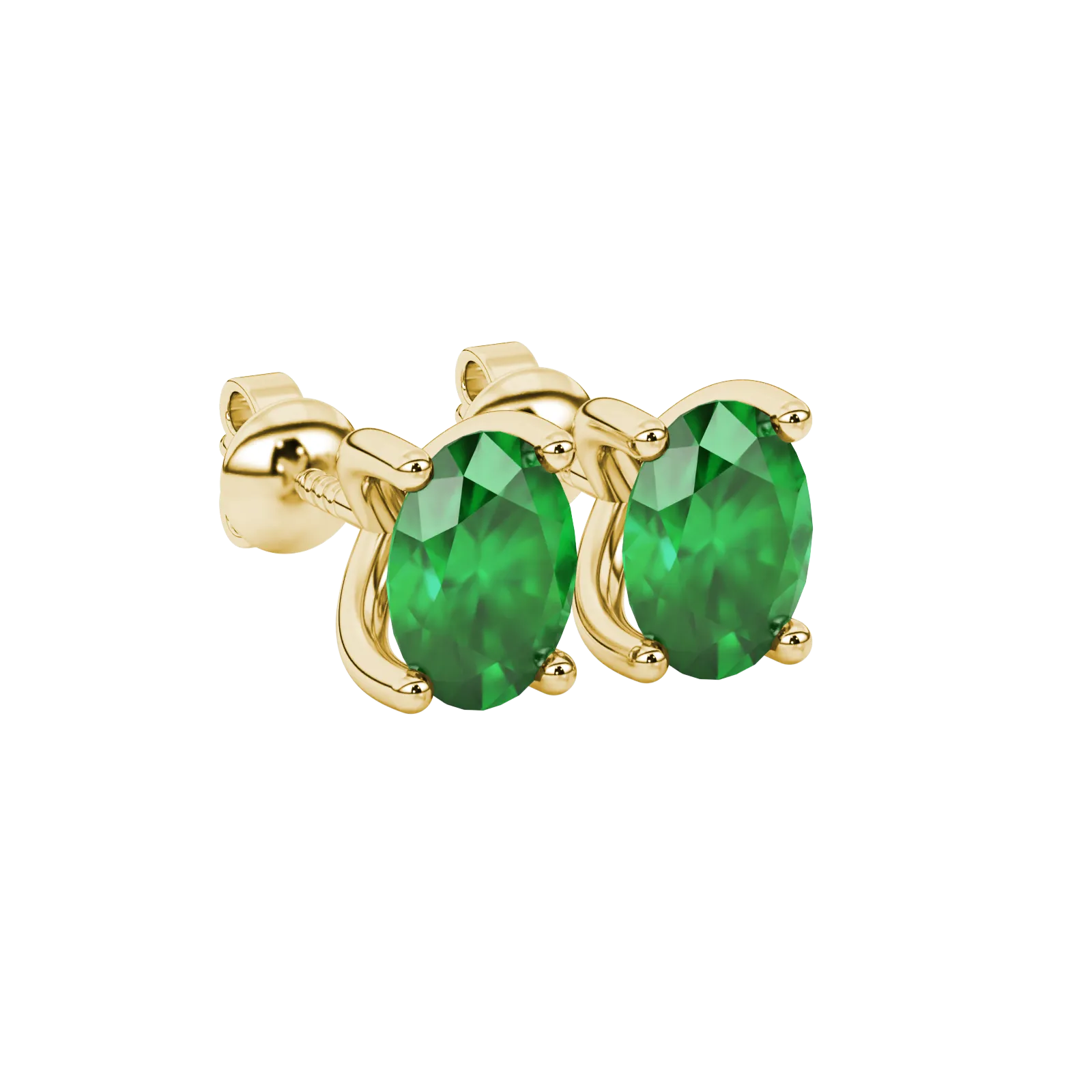 Close-up, oval cut emerald green gemstone, yellow gold four prong earrings.