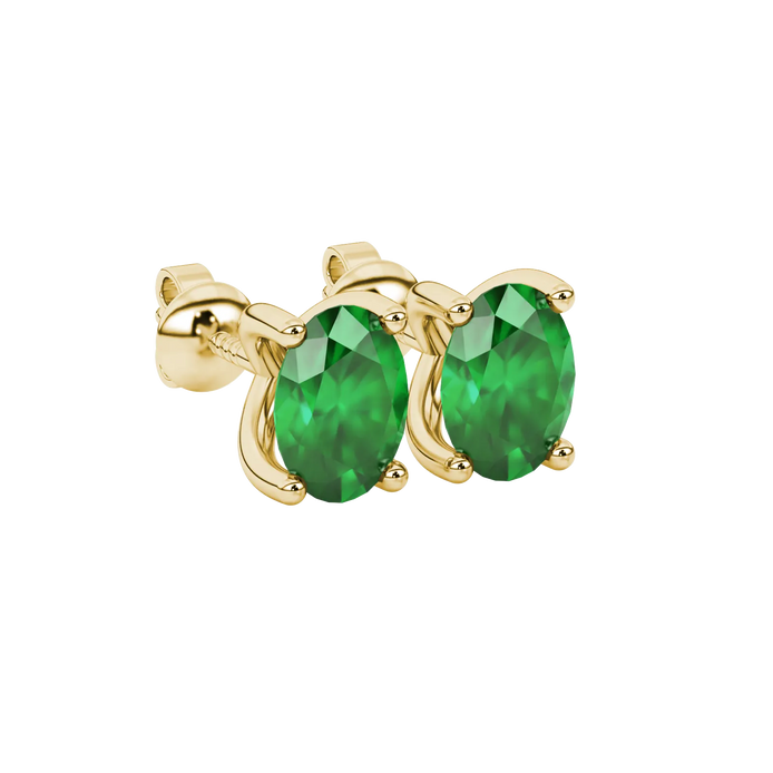 Close-up, oval cut emerald green gemstone, yellow gold four prong earrings.