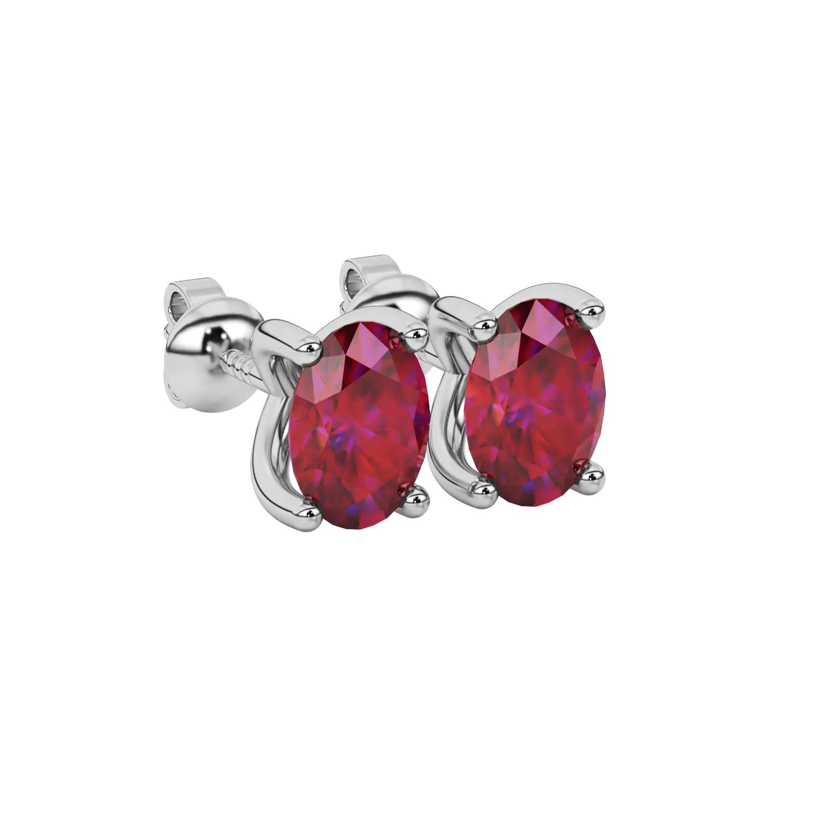 Close-up oval cut raspberry red gemstone earing, white gold four prong setting.