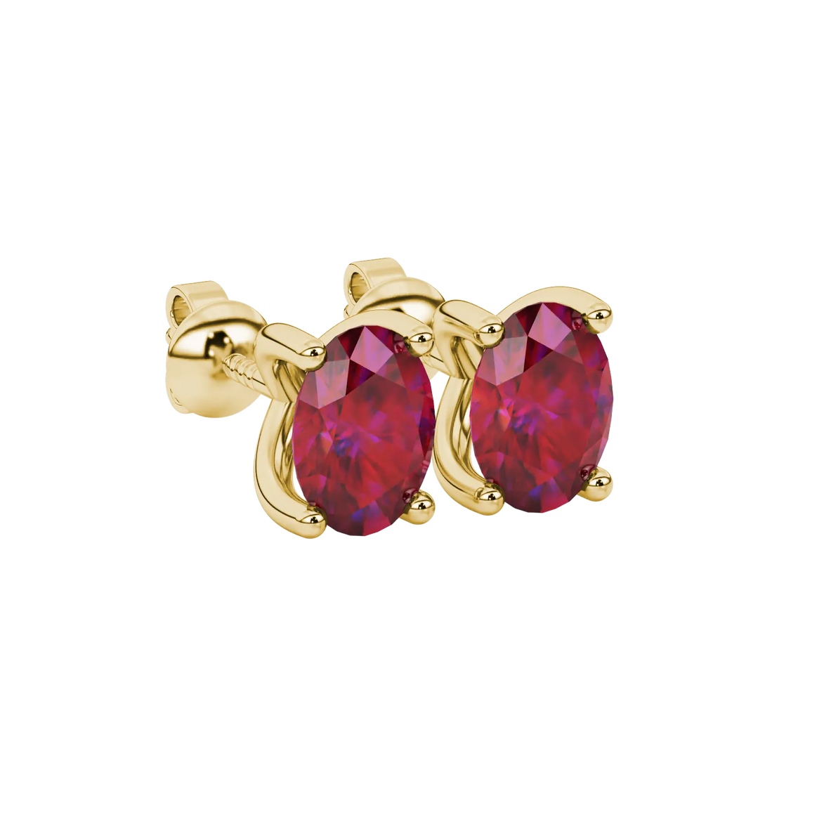 Close-up, oval cut raspberry red gemstone, yellow gold four prong earrings.