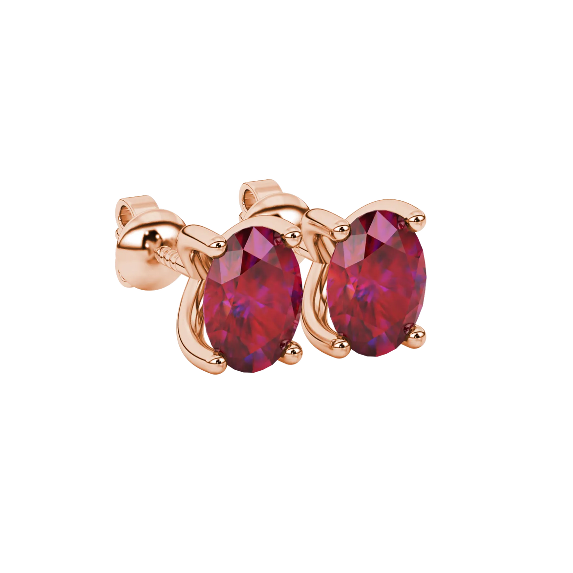 Close-up, oval cut raspberry red gemstone earrings, rose gold four prong setting.