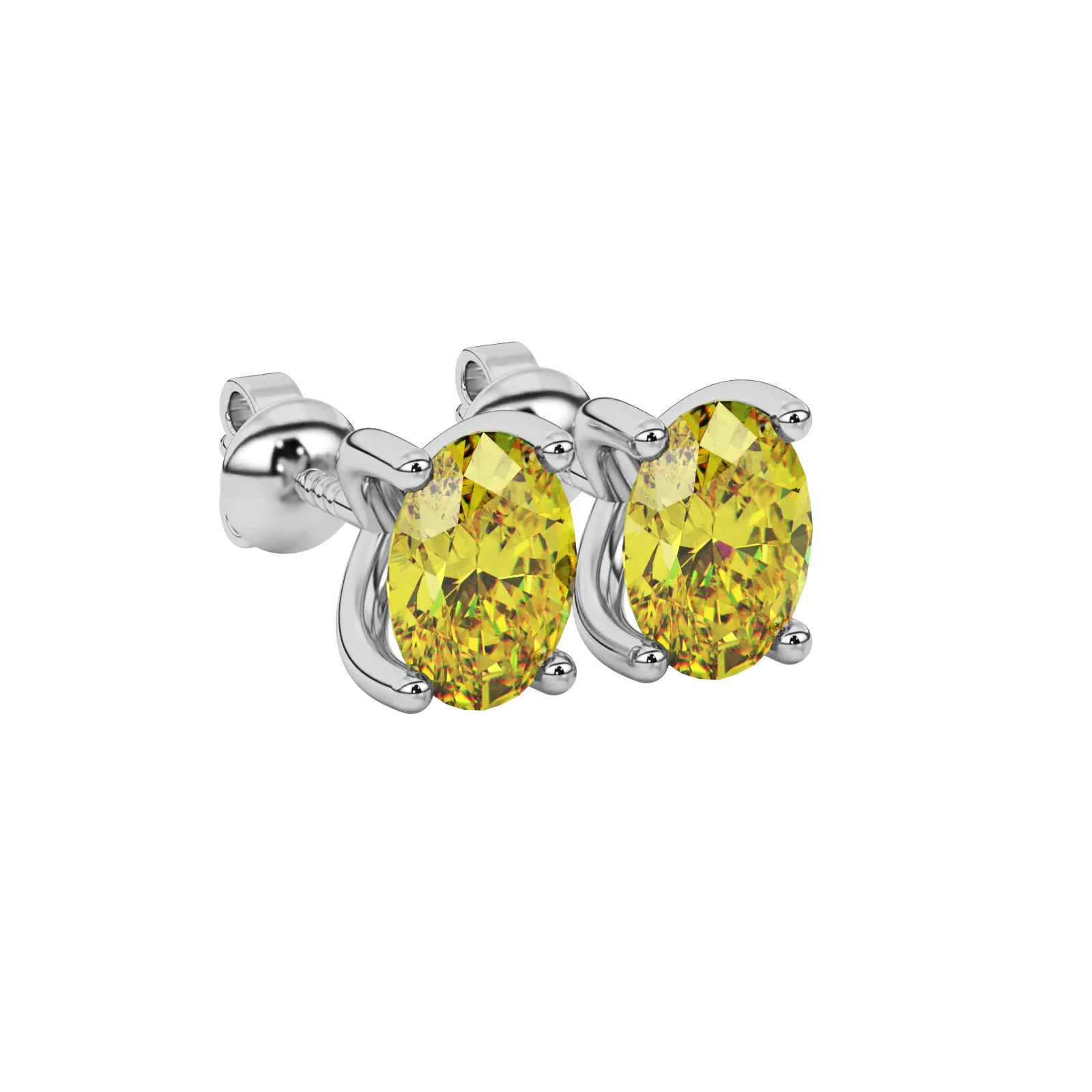 Close-up oval cut canary yellow gemstone earing, white gold four prong setting.