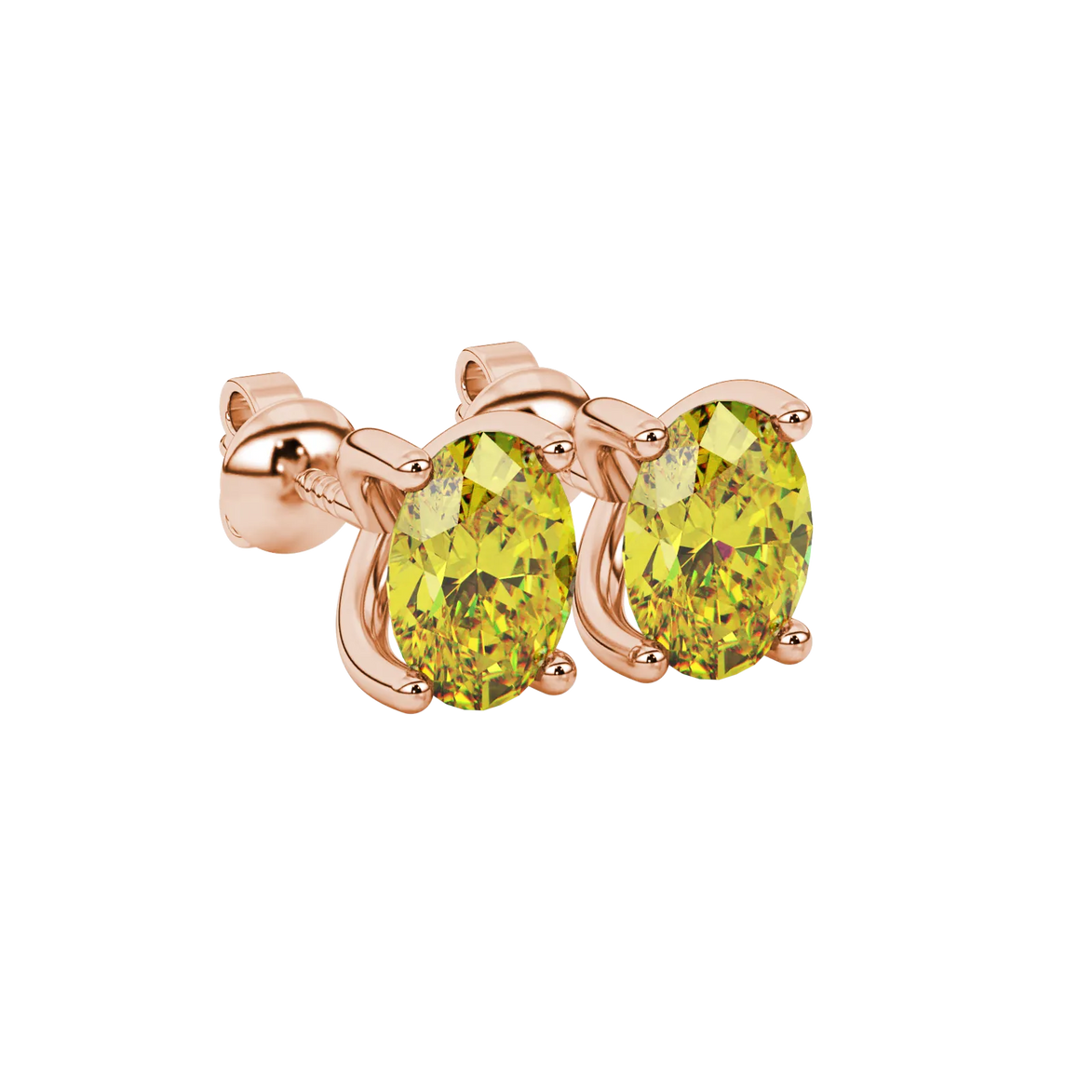 Close-up, oval cut canary yellow gemstone earrings, rose gold four prong setting.