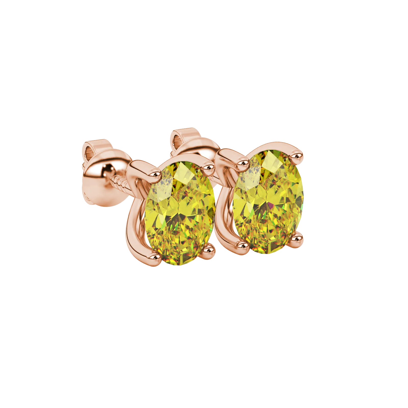 Close-up, oval cut canary yellow gemstone earrings, rose gold four prong setting.