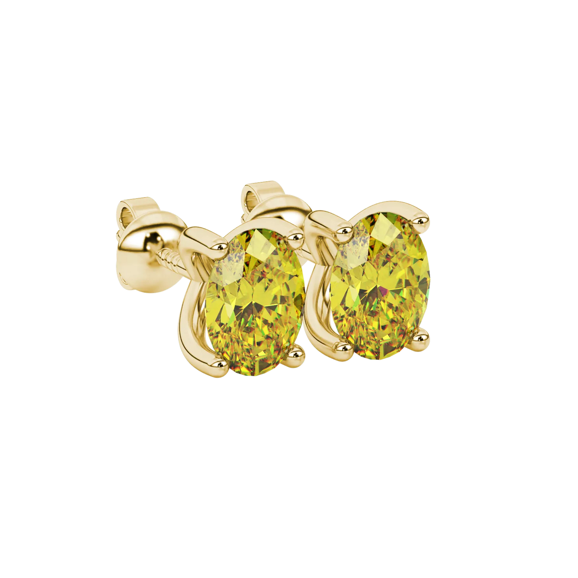 Close-up, oval cut canary yellow gemstone, yellow gold four prong earrings.