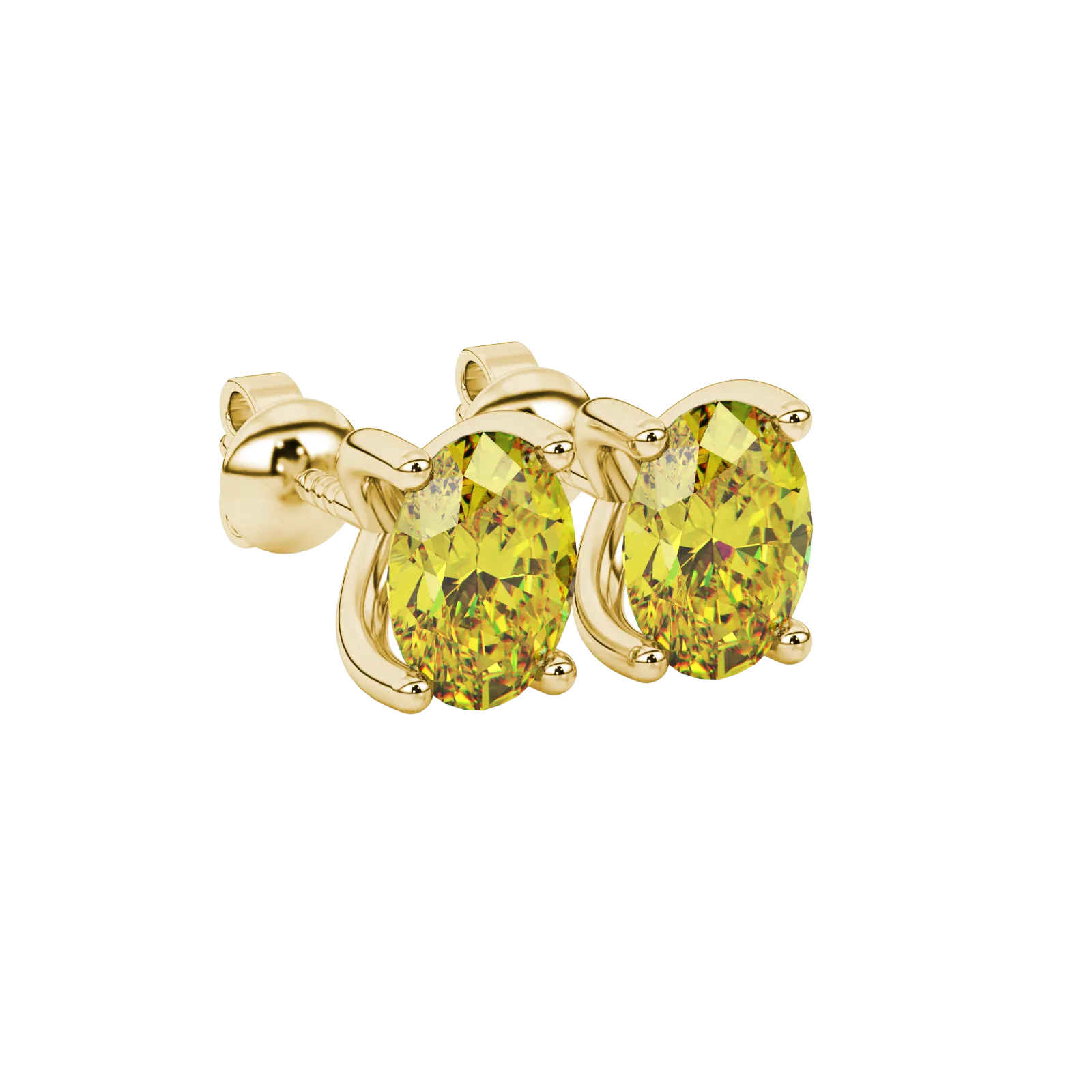 Close-up, oval cut canary yellow gemstone, yellow gold four prong earrings.