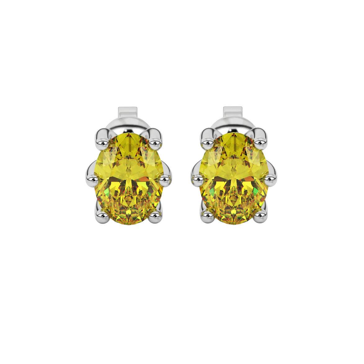 Oval cut canary yellow gemstone earrings, white gold six prong setting.