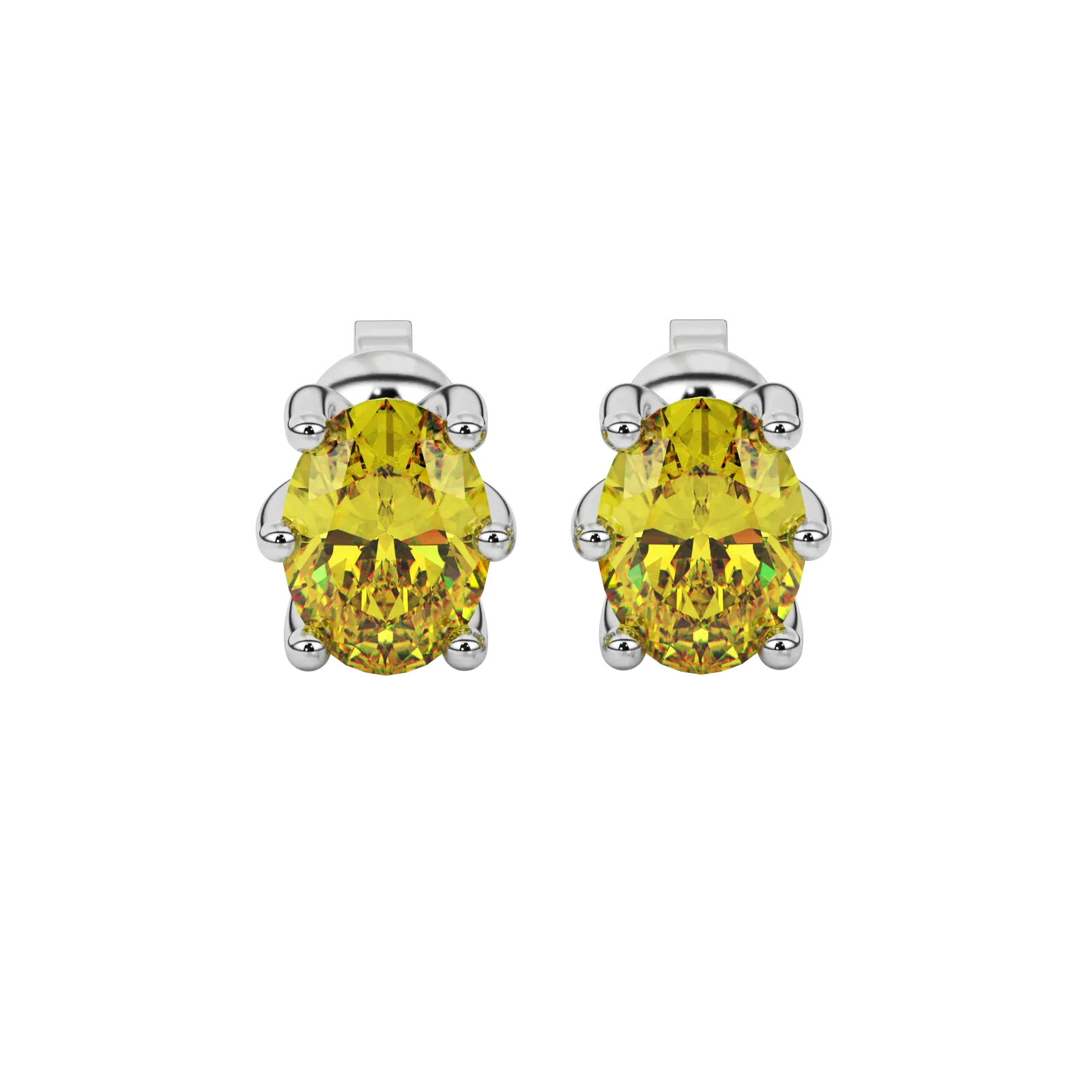 Oval cut canary yellow gemstone earrings, white gold six prong setting.