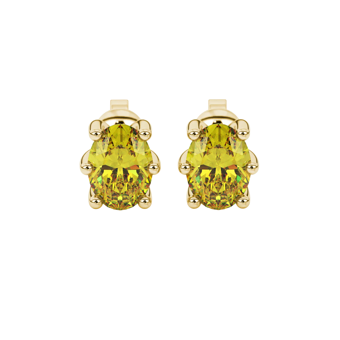 Oval cut canary yellow gemstone earrings, yellow gold six prong setting.