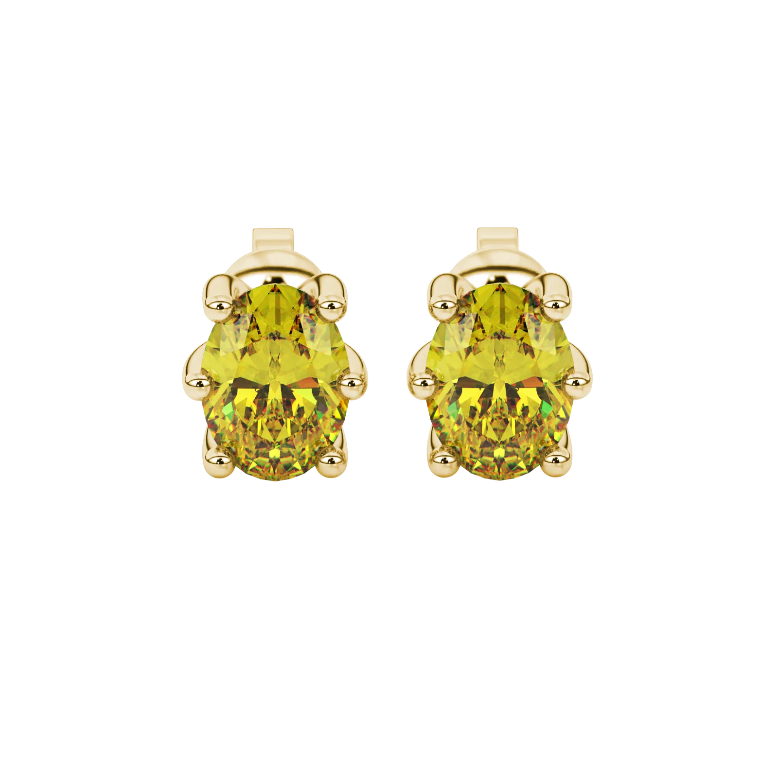 Oval cut canary yellow gemstone earrings, yellow gold six prong setting.
