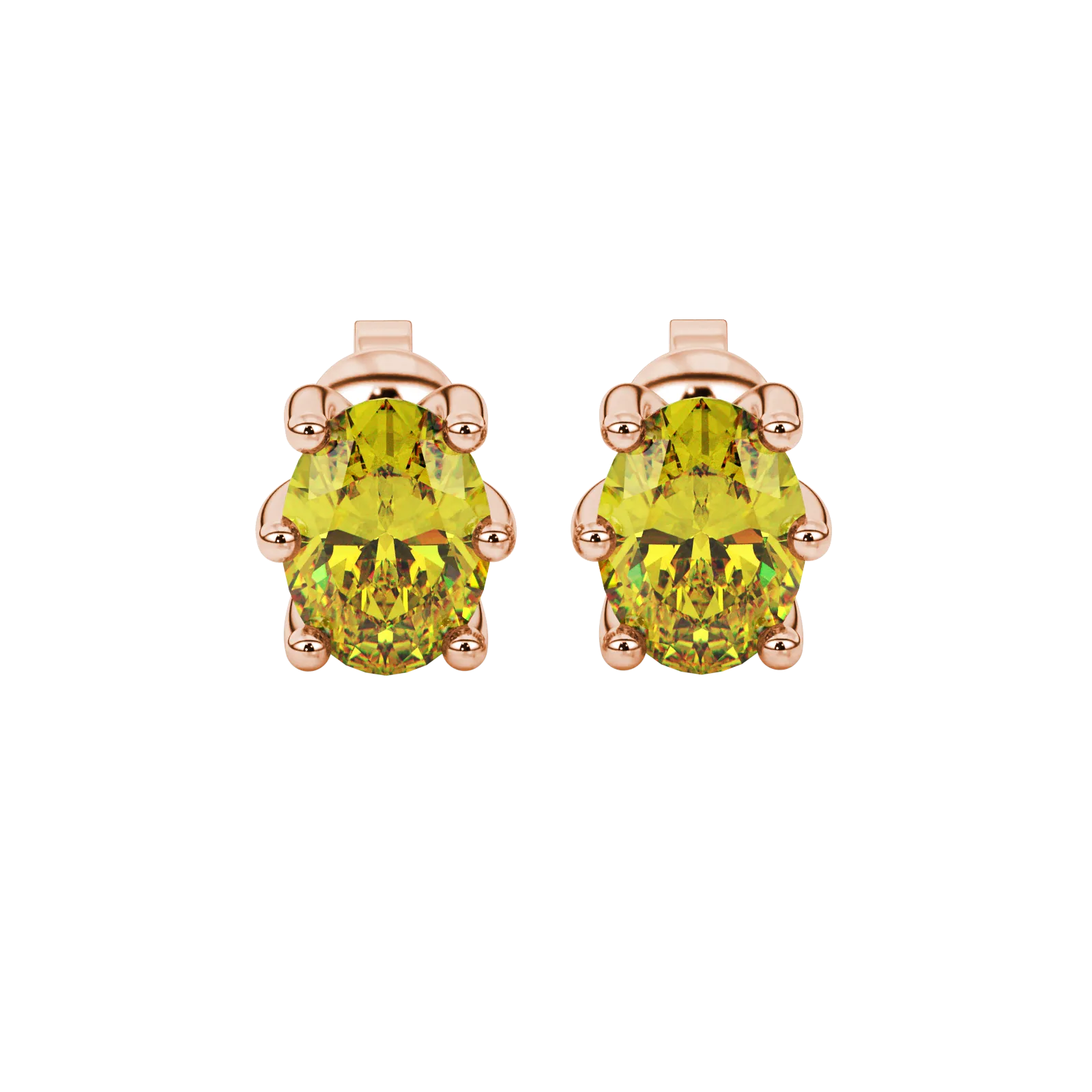 Oval cut canary yellow gemstone earrings, rose gold six prong setting.