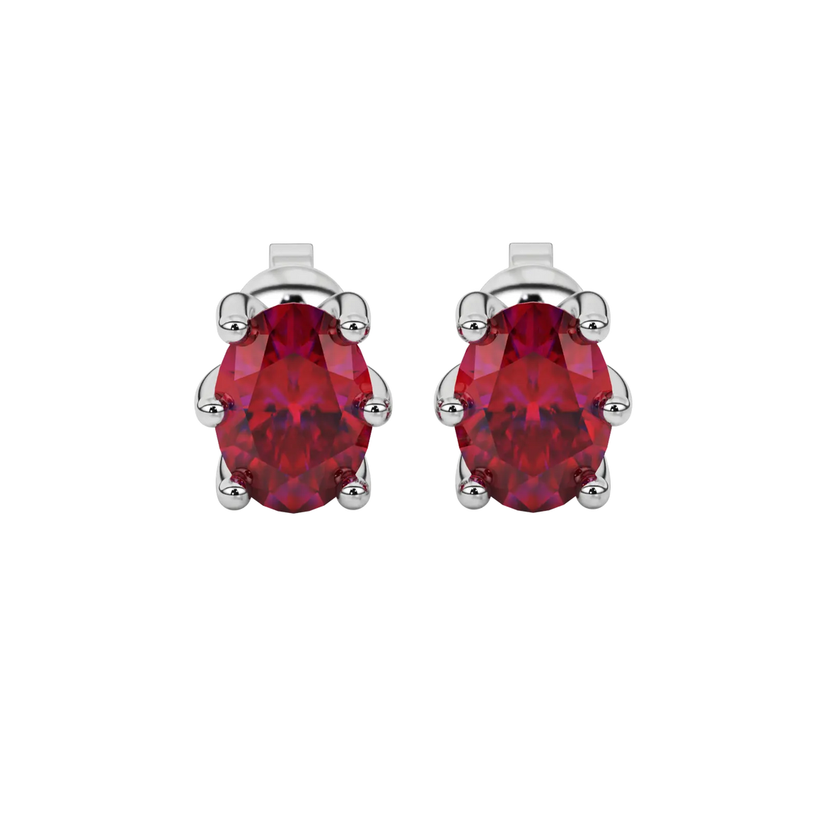 Oval cut raspberry red gemstone earrings, white gold six prong setting.