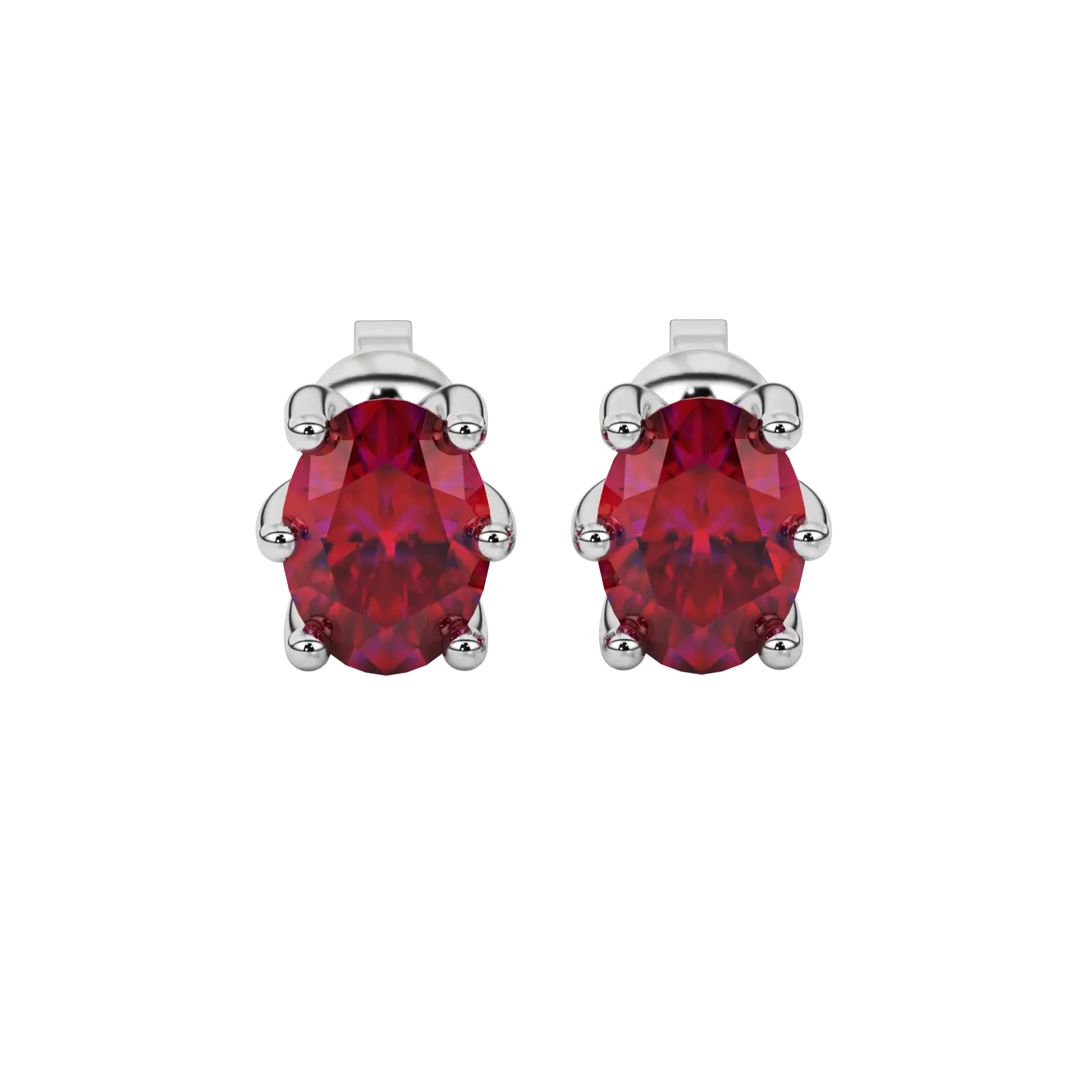 Oval cut raspberry red gemstone earrings, white gold six prong setting.