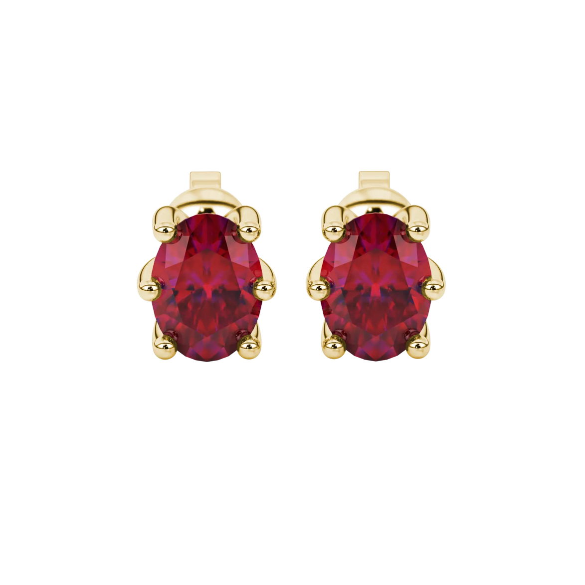 Oval cut raspberry red gemstone earrings, yellow gold six prong setting.