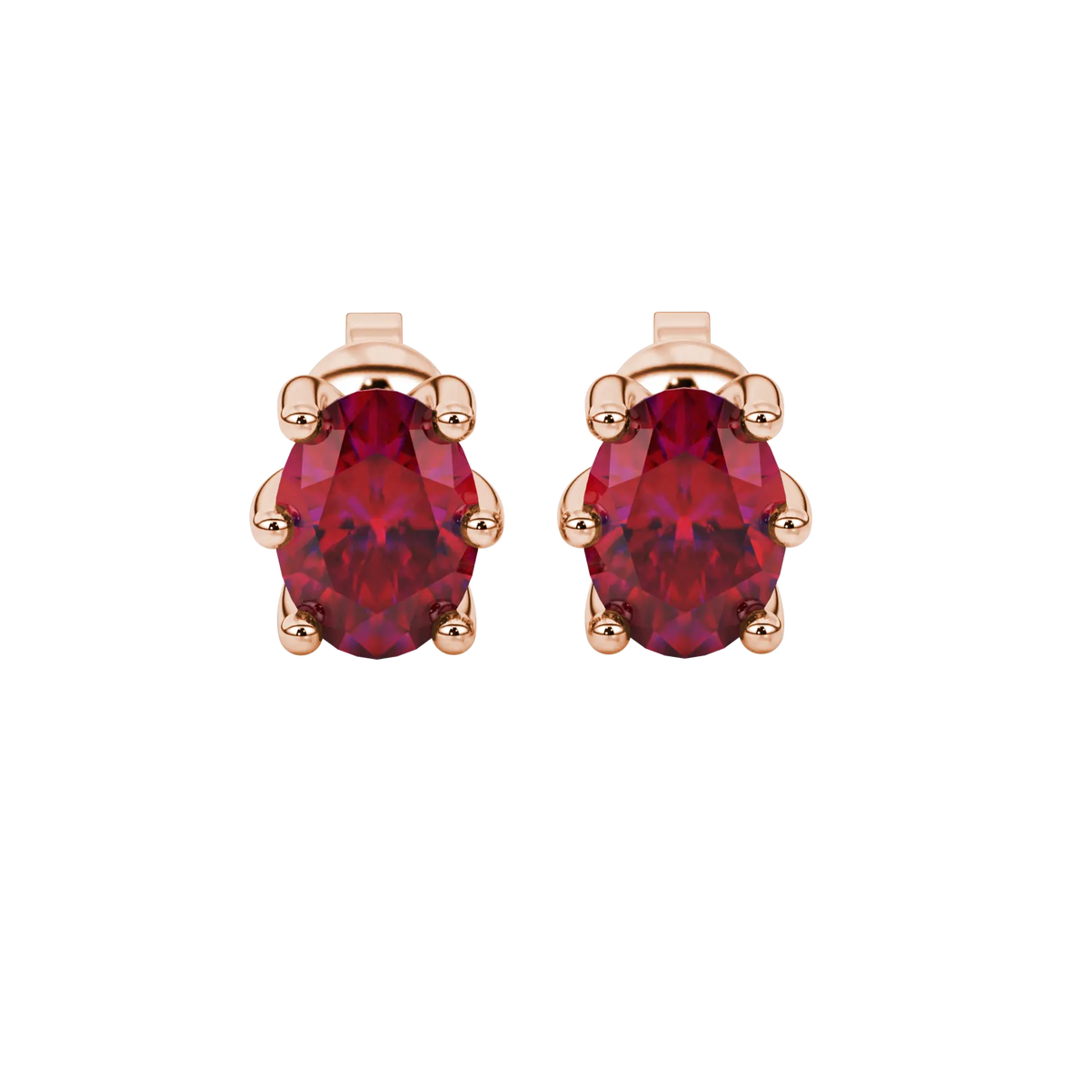 Oval cut raspberry red gemstone earrings, rose gold six prong setting.