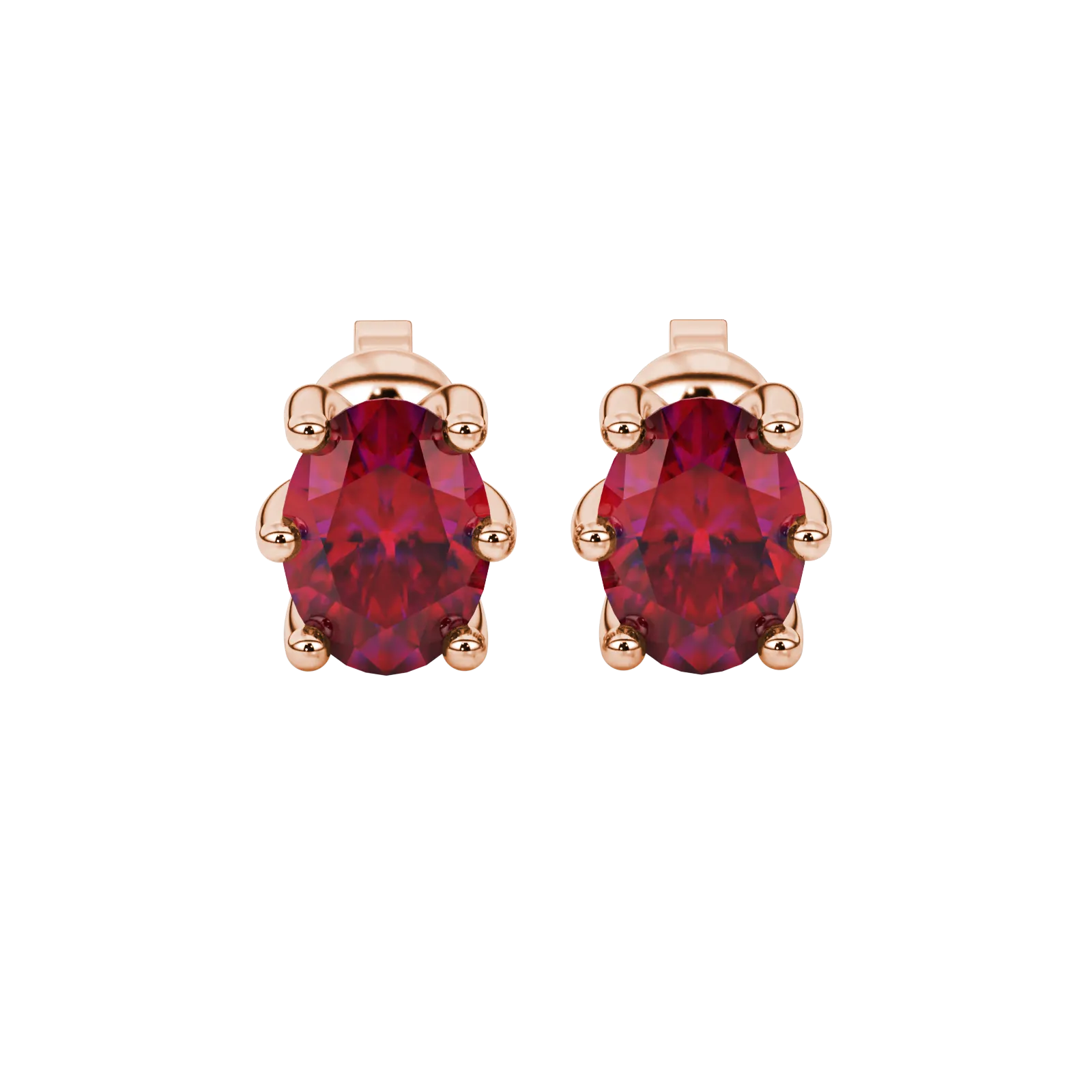 Oval cut raspberry red gemstone earrings, rose gold six prong setting.