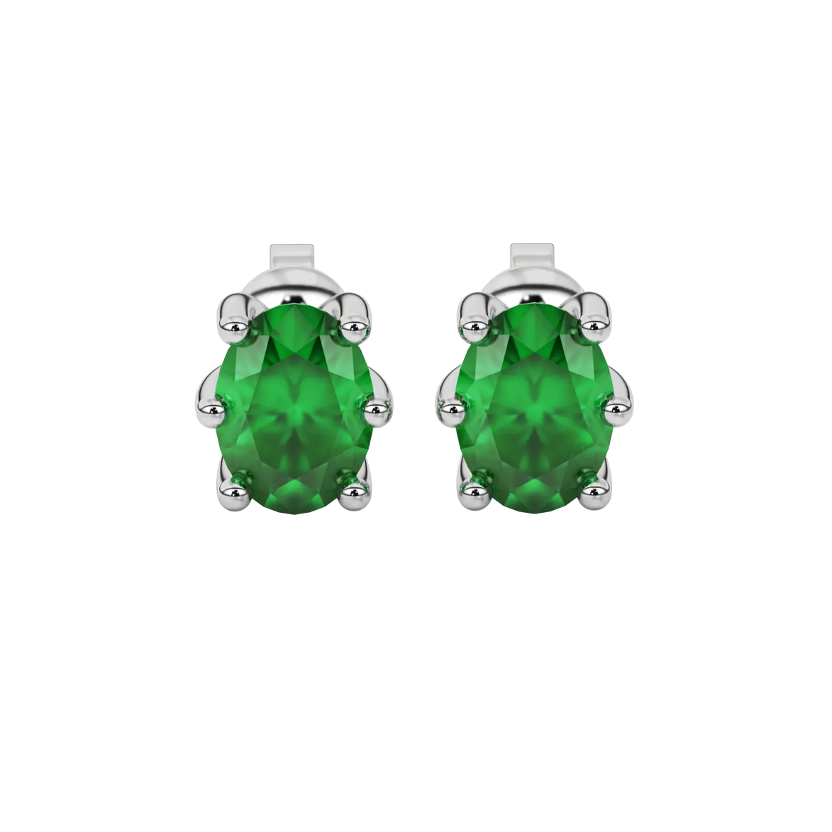 Oval cut emerald green gemstone earrings, white gold six prong setting.