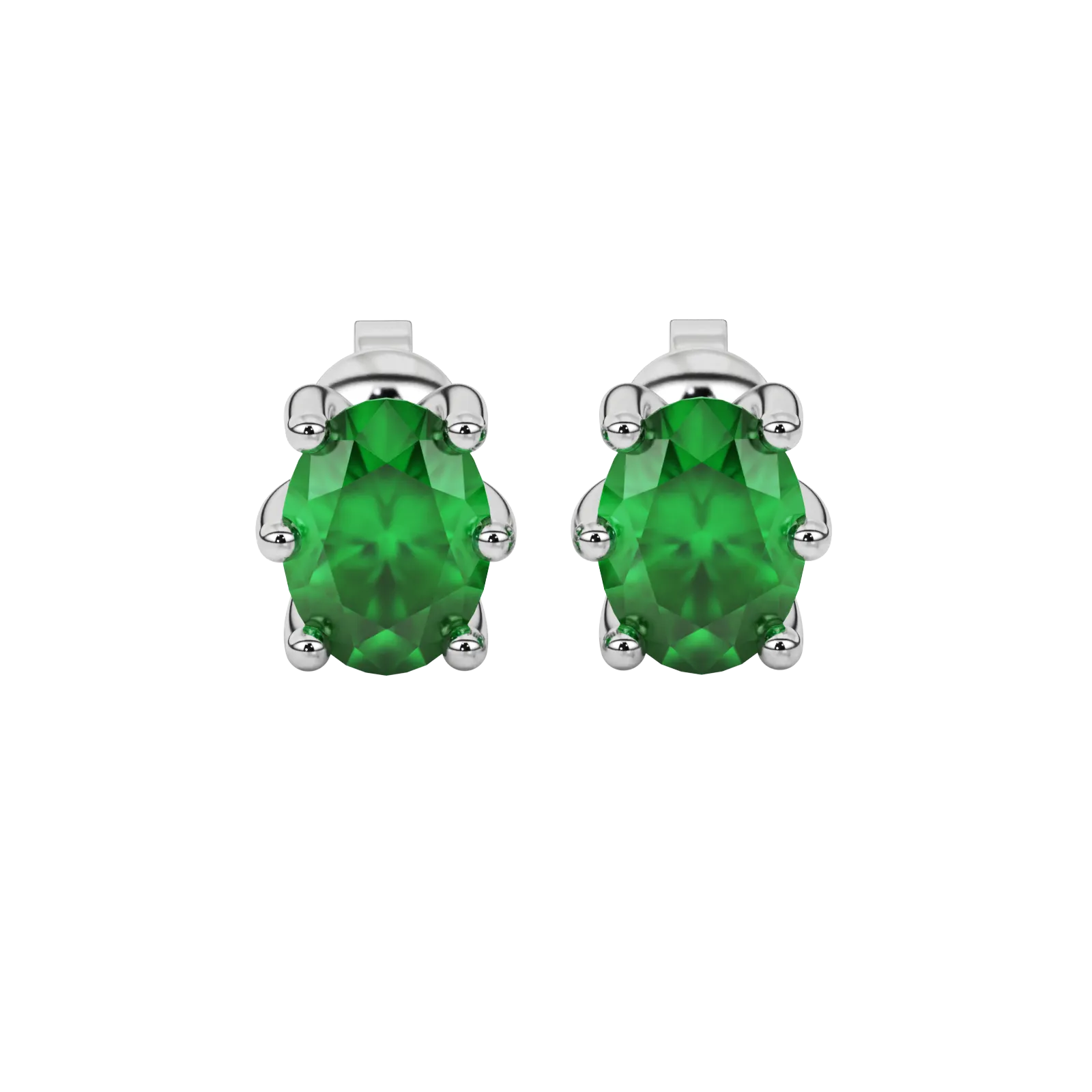 Oval cut emerald green gemstone earrings, white gold six prong setting.