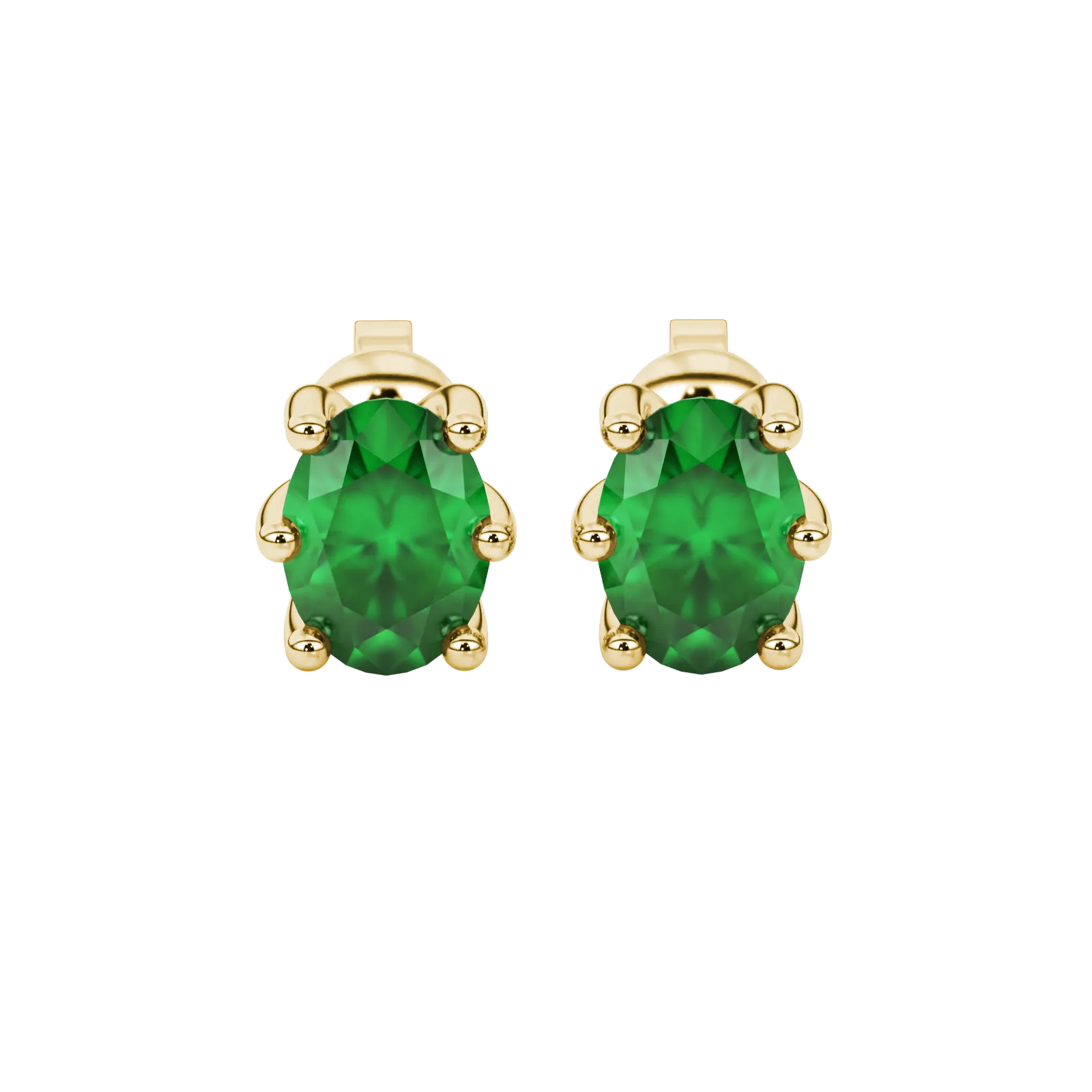Oval cut emerald green gemstone earrings, yellow gold six prong setting.