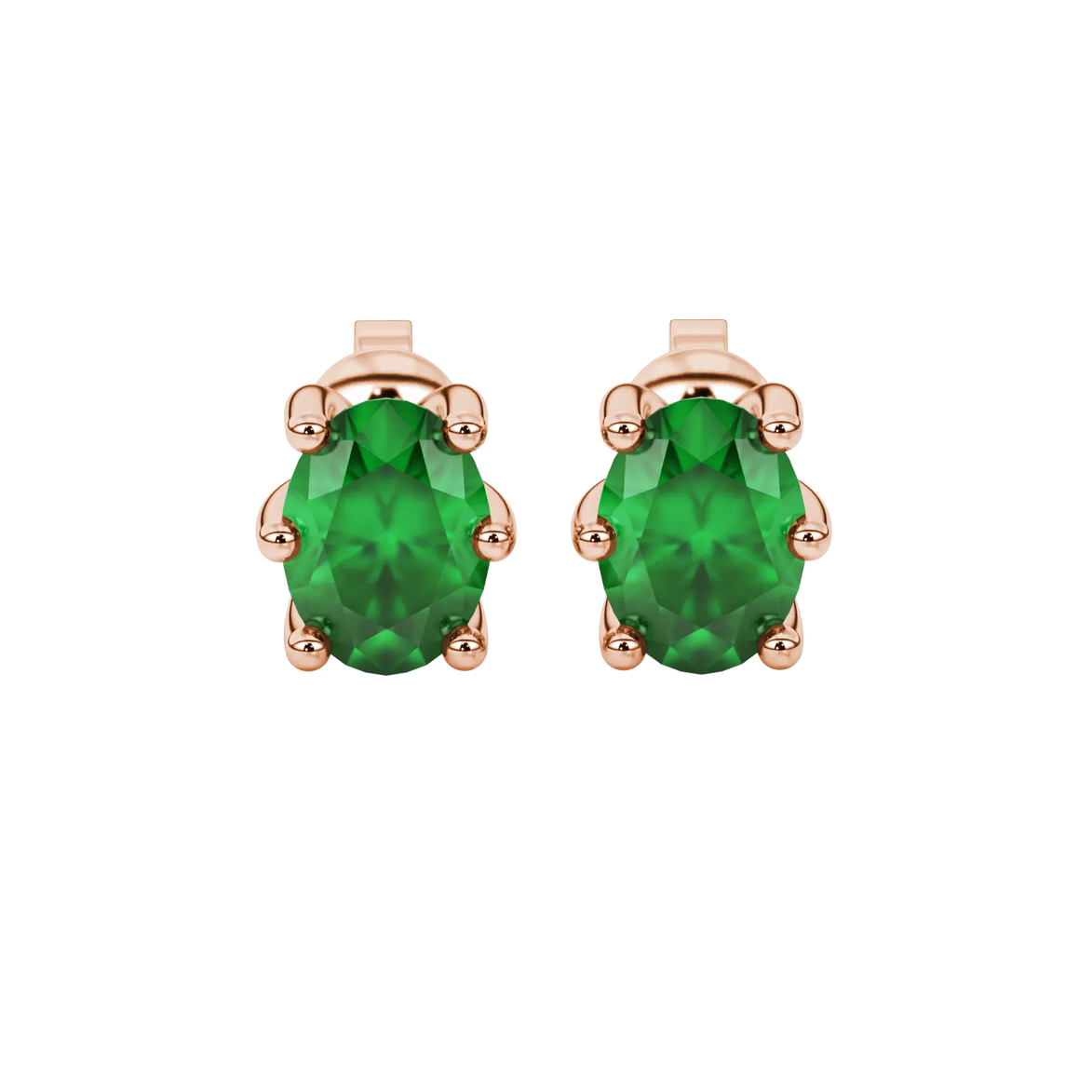 Oval cut emerald green gemstone earrings, rose gold six prong setting.