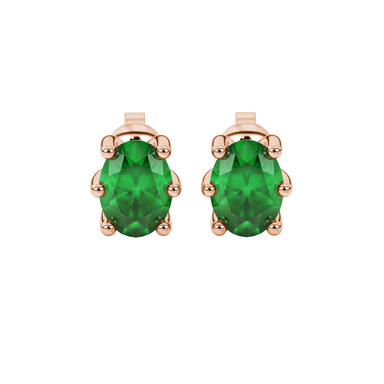 Oval cut emerald green gemstone earrings, rose gold six prong setting.