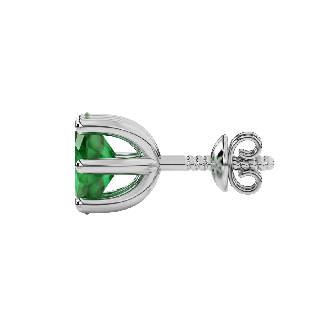 Side profile, white gold emerald green earrings, six prong gallery.