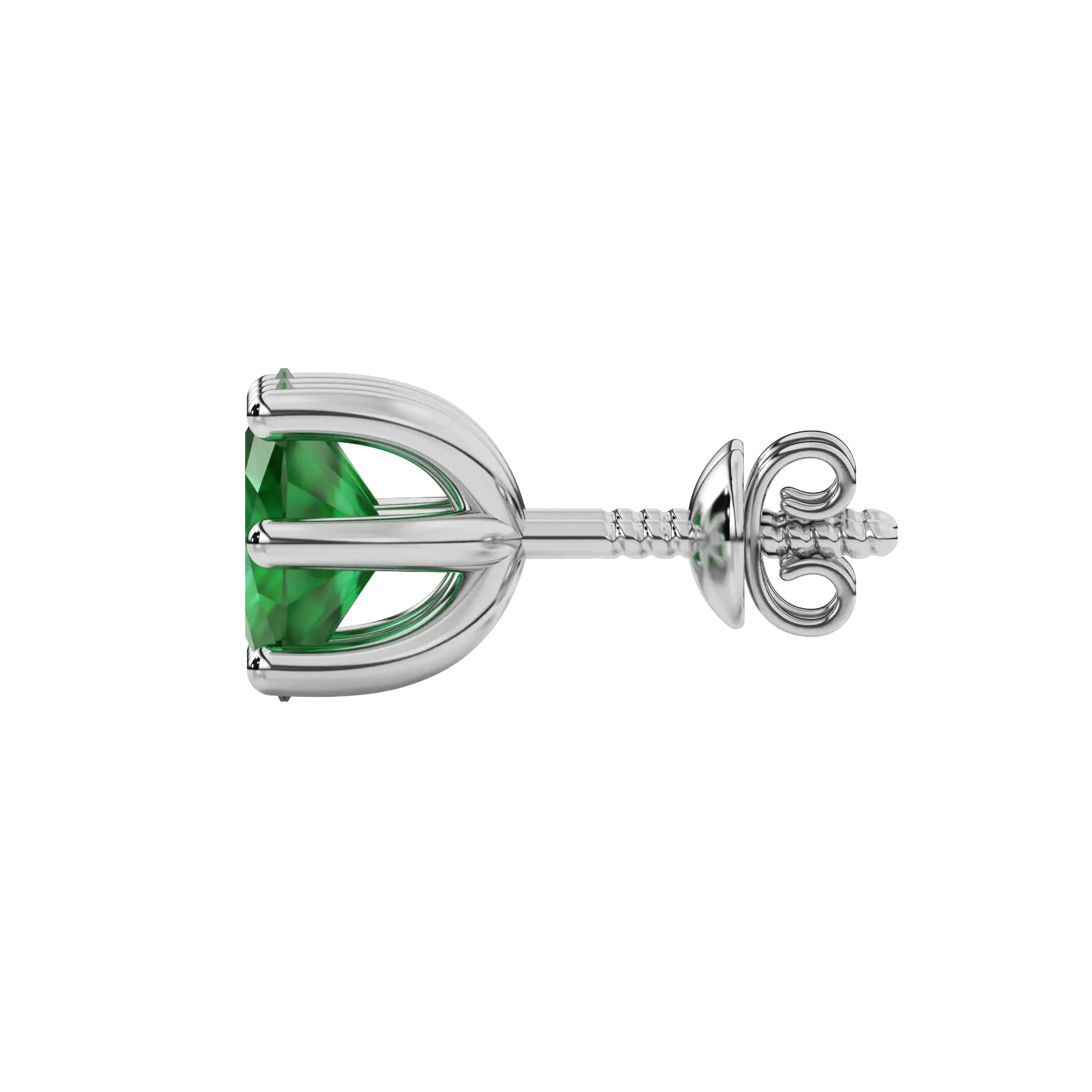 Side profile, white gold emerald green earrings, six prong gallery.