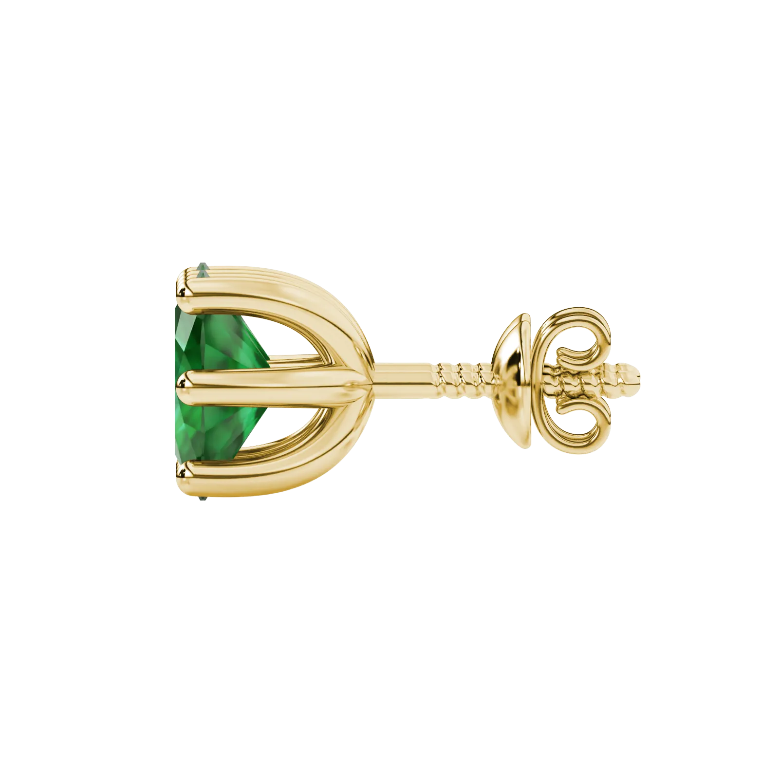 Side profile, yellow gold emerald green earrings, six prong gallery.