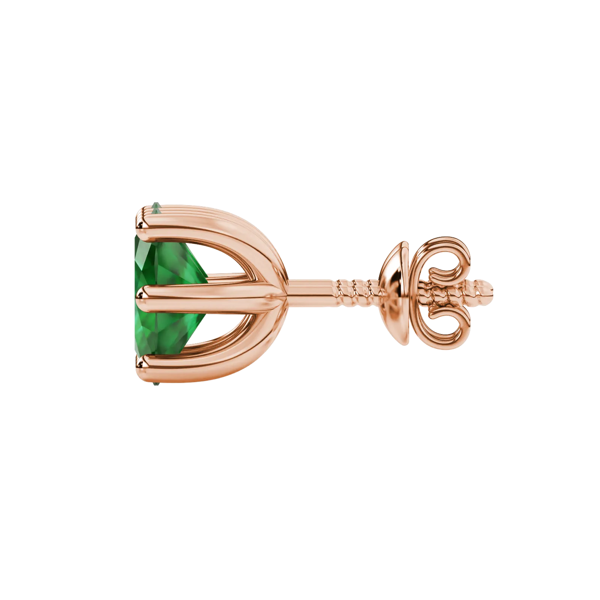 Side profile, rose gold emerald green earrings, six prong gallery.