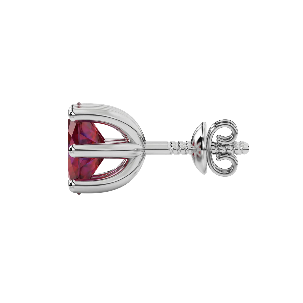 Side profile, white gold raspberry red earrings, six prong gallery.